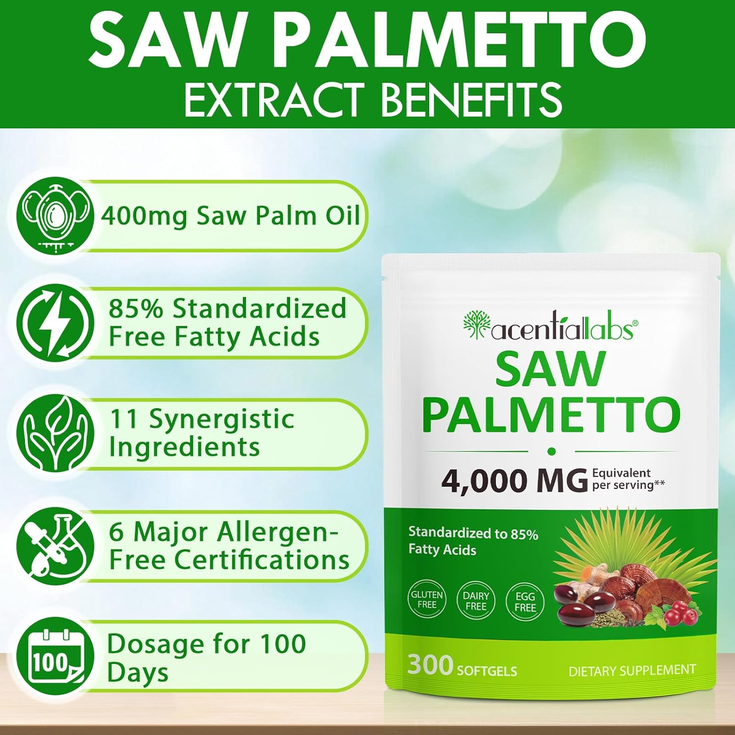 Saw Palmetto 4000Mg | Standardized to 85% Fatty Acids | with Pumpkin Seed, Stinging Nettle, Reishi & More | Non-Gmo | Gluten, Dairy & Egg Free | 300 Softgels