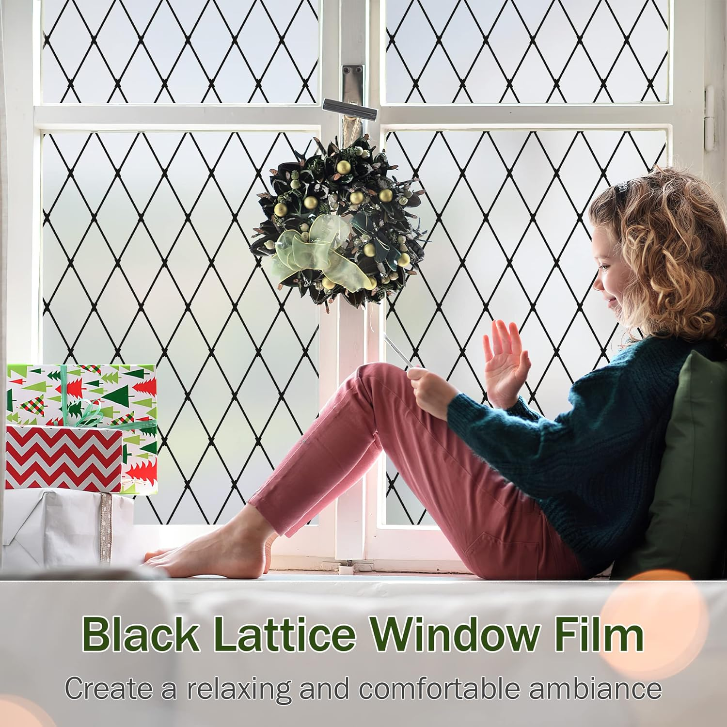 VELIMAX Frosted Black Lattice Window Film Static Cling Window Privacy Films Decorative Glass Vinyl Film for Windows Removable Sun Blocking Anti-Uv 23.6X78.7 Inches