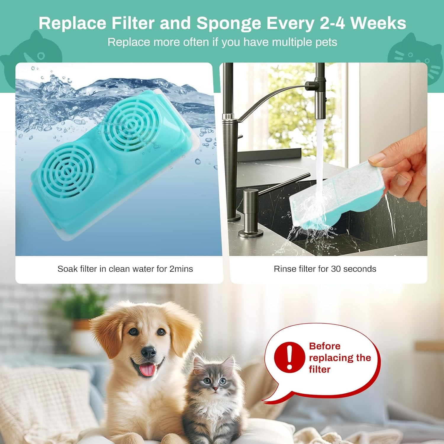 6 Pack Replacement Filters for 3.2L Cat Drinking Fountain, Multiple Filtration Cat Water Dispenser Filters, Pet Fountain Filters Replacement image number 2