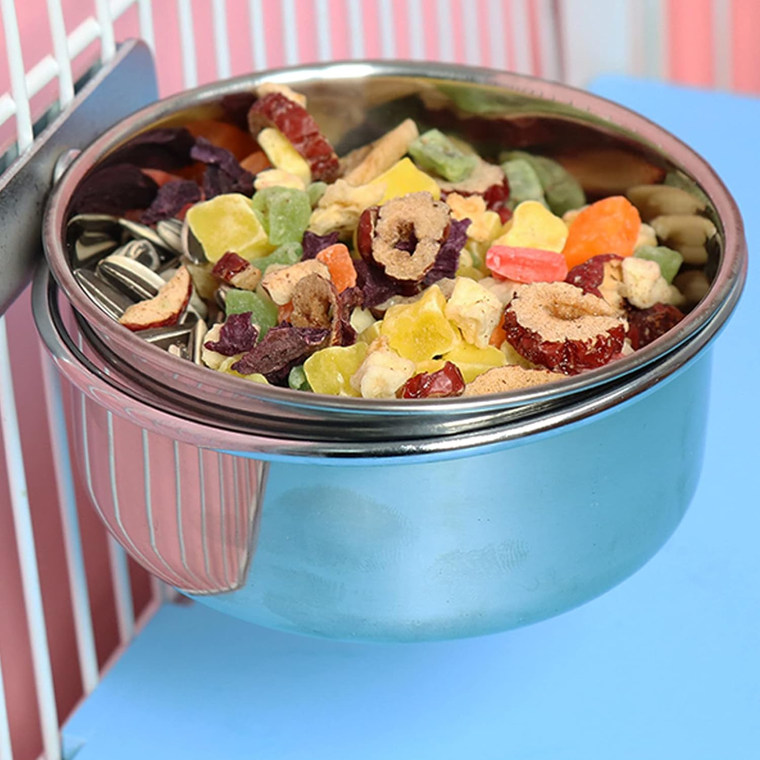 RONYOUNG 2PCS Bird Feeding Dish Cups with Spoon, Parrot Food Bowl Clamp Holder - Stainless Steel Coop Cup, Bird Cage Water Bowl for Parakeet African Greys Conure Cockatiels Lovebird Budgie Chinchilla image number 2