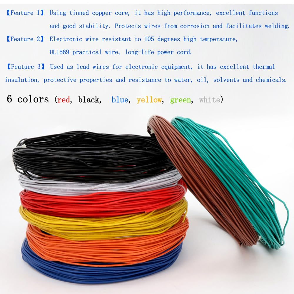 14AWG Electronic Wire UL1569 Electrical Equipment Wiring Kit Solid Copper Tinned Copper Stranded Connector Wire DIY Electronics High Temperature Resistant Wire, Tools Included <9.84Feet X 6Colors> image number 2