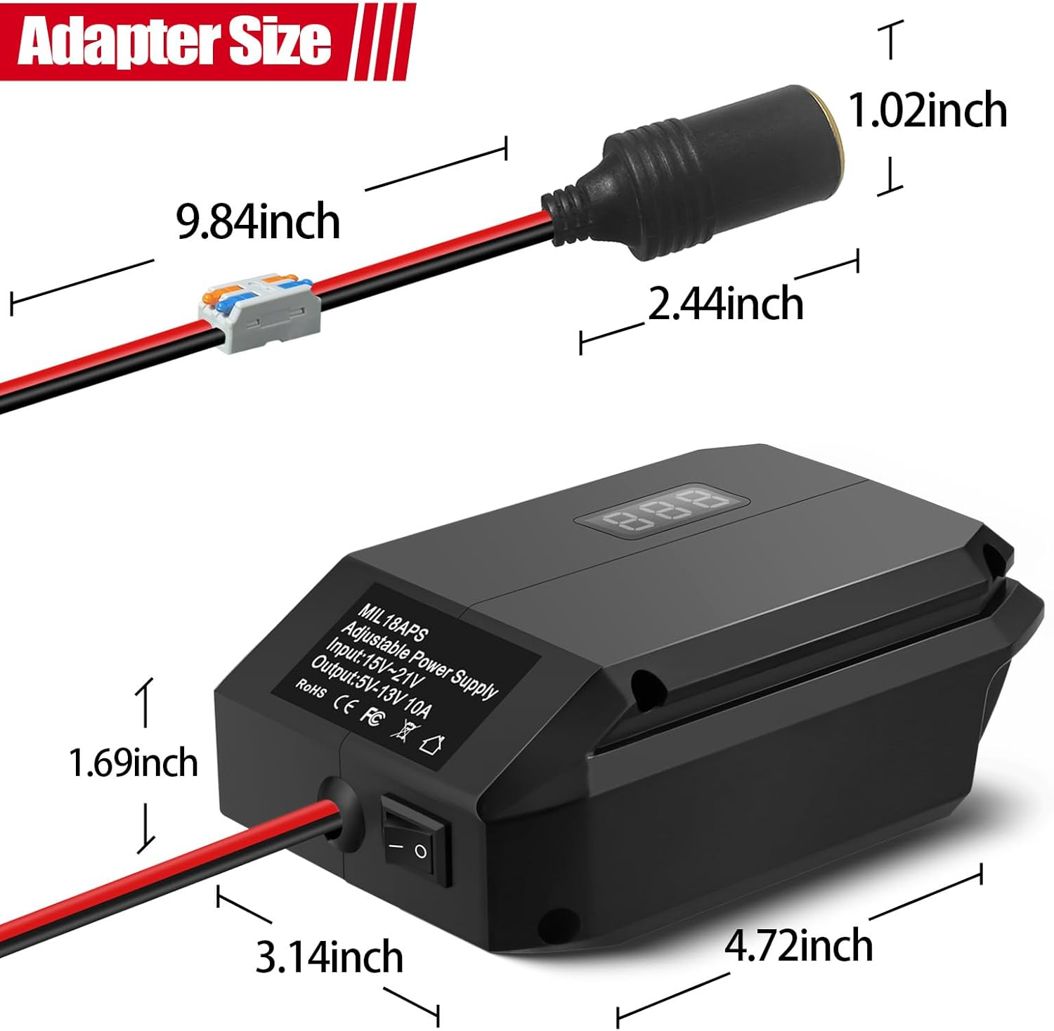Step down Adapter for Milwaukee Battery M18, 18V to 12V Converter Voltage Regulator from 18V to 5V-13V Adjustment DIY Power Supply, with Cigarette Lighter Connector image number 3