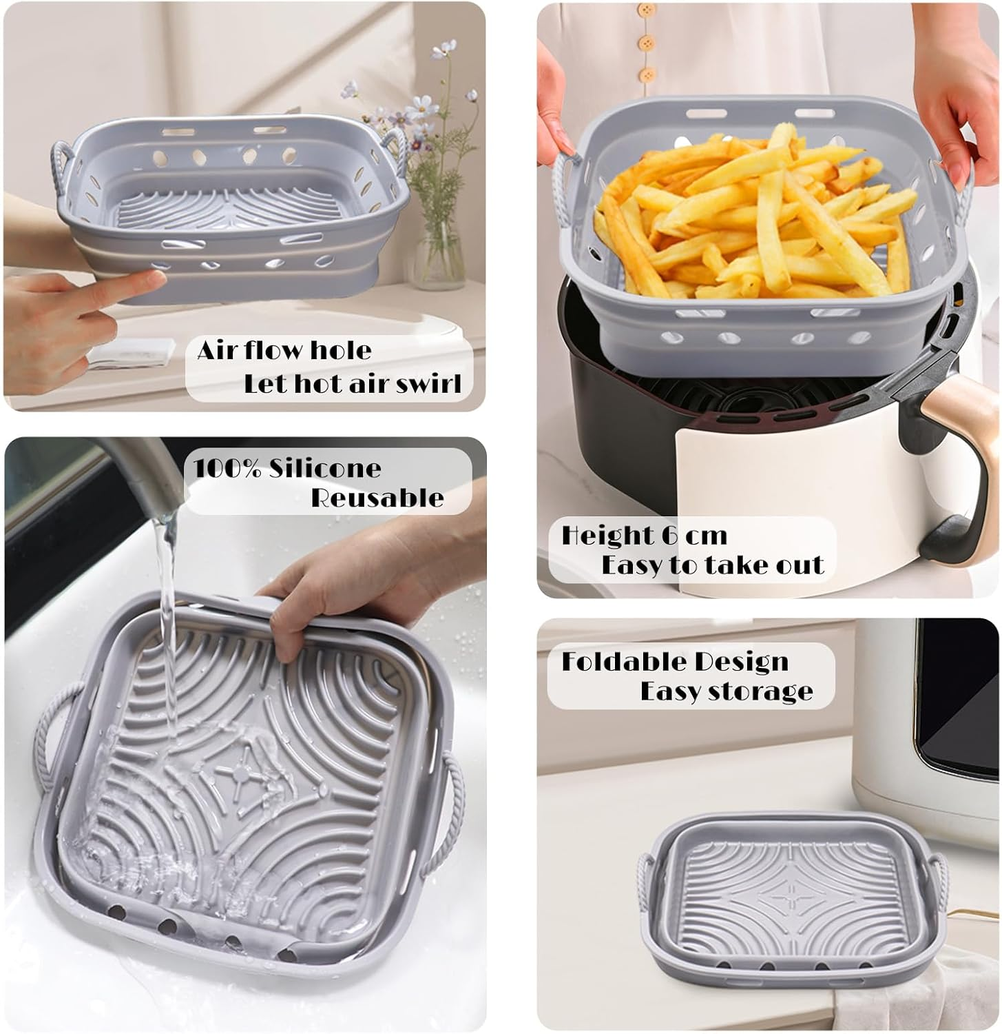 Marakruki 2Pcs Silicone Air Fryer Liners, 21.6 * 6Cm Square Reusable Air Fryer Silicone Liners with Air Flow Holes, Bpa-Free Silicone Liners for Air Fryer/Oven, Silicone Baking Accessories image number 3
