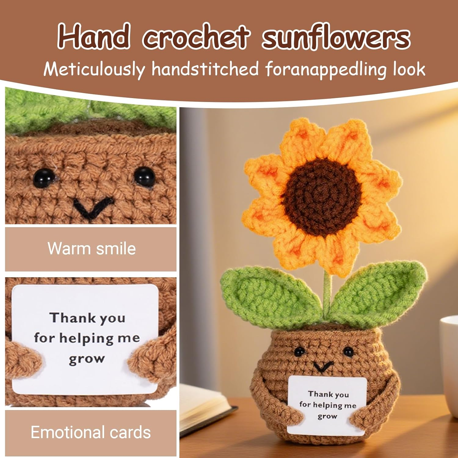 Mini Cute Positive Gifts Crochet Plant Thank You Crochet Gift Teacher Appreciation Gift Christmas, Birthday Best Friend,Teacher, Sister, Mom Gifts (Yellow Sunflower) image number 3