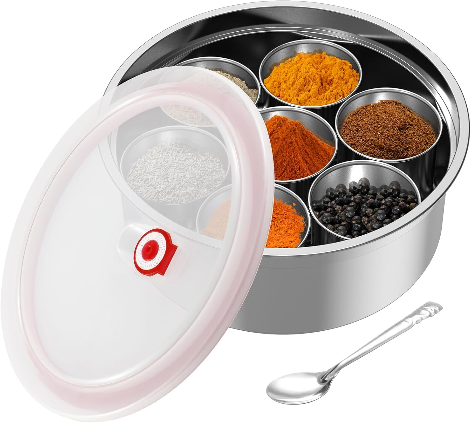 Masala Dabba Spice Box Stainless Steel Spice Containers Masala Dabba with 7 Compartments Indian Spice Box with Transparent Lid Indian Masala Dabba with Spoon 9.8&times;3.7Inch Kitchen Spice Storage Box ... image number 1