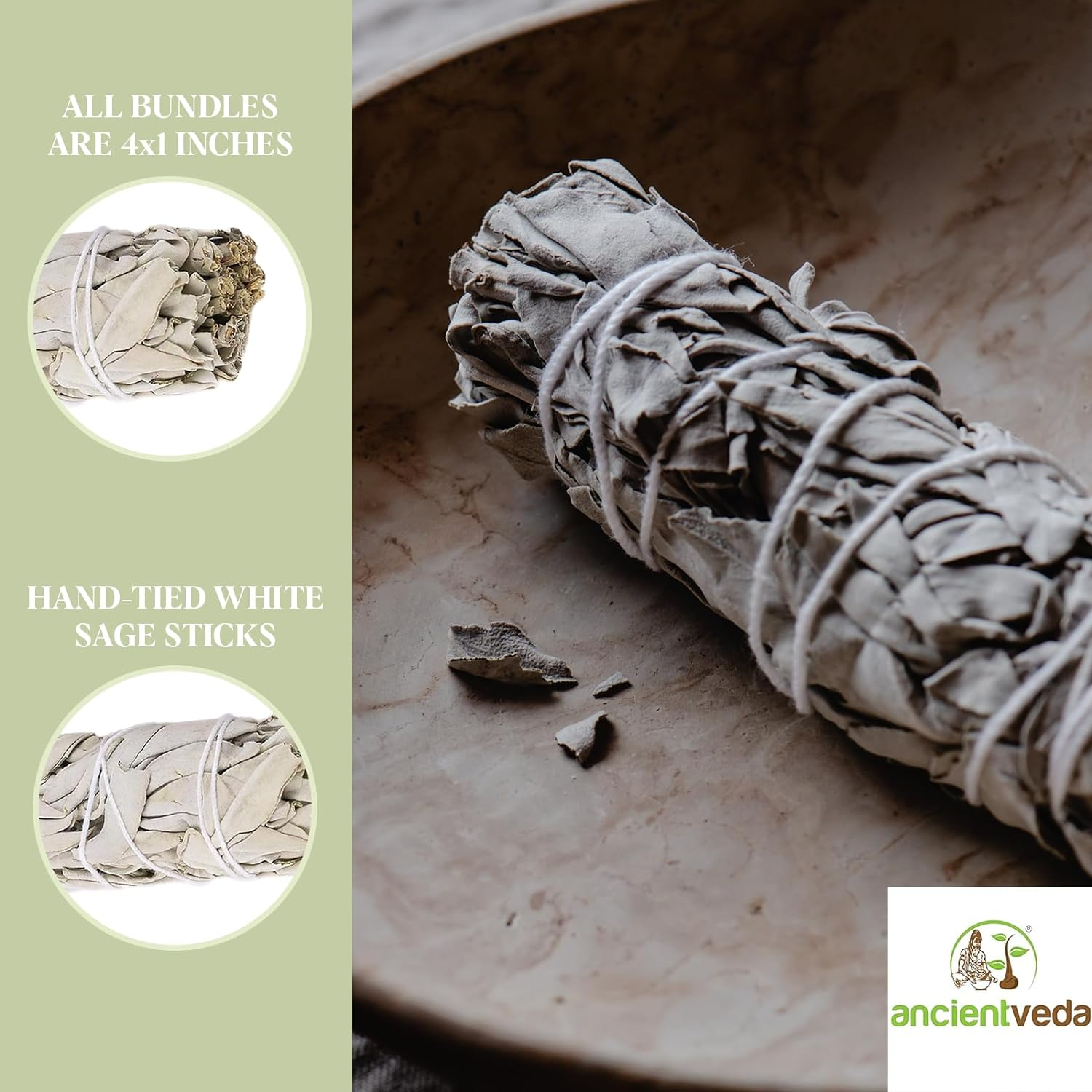Ancientveda 4 Inch White Sage Smudge Sticks Bulk (3 Pack) - Cleansing House | White Sage for Smudging and Negative Energy Yoga - California Sage Bundles image number 3