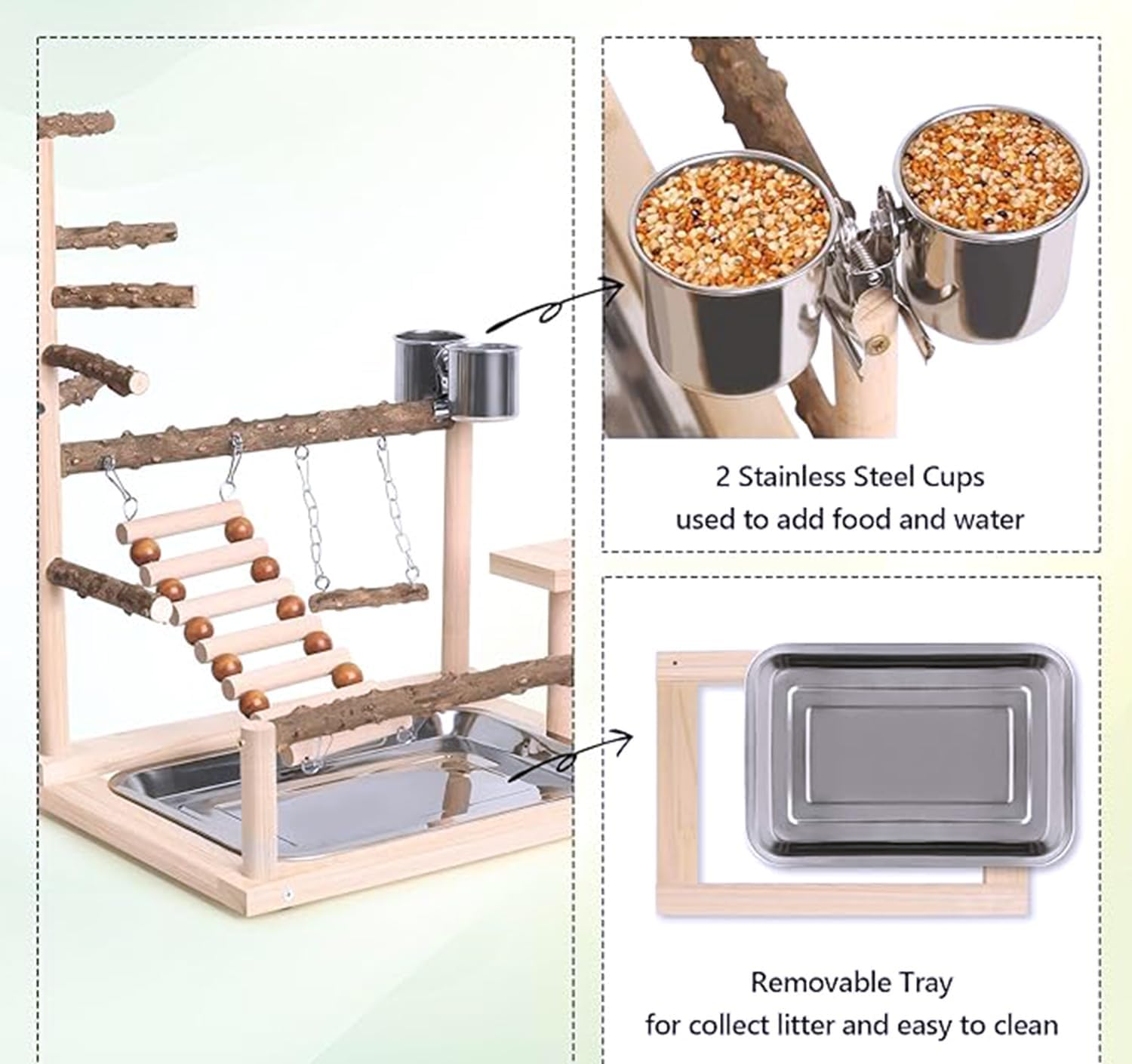 Wood Pet Parrot Playground Bird Play Stand Toys Avian Perch Avian Cage Accessory with Feeder Cups for Cockatiel Parakeet image number 6