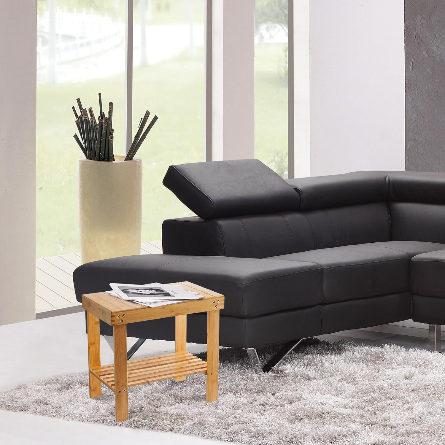 Vaefae Bamboo Spa Bench Wood Seat Stool Foot Rest Shaving Stool with Non-Slip Feets Storage Shelf for Shampoo Towel,Works in Bathroom/Living Room/Bedroom/Garden Leisure