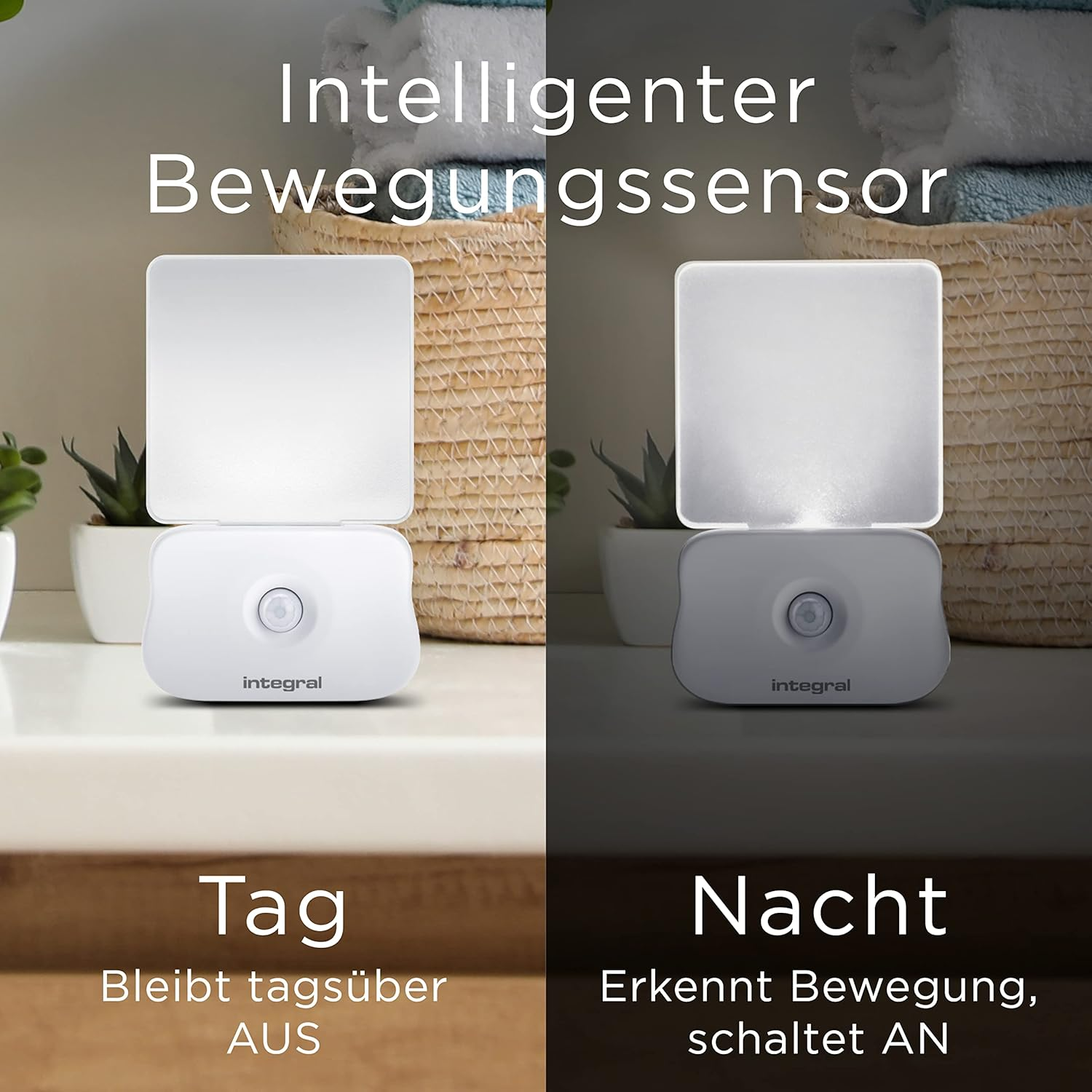 Integral 2 Pack LED Motion Sensor Night Light, Battery Operated with Dusk to Dawn Photocell Sensor, for Hallways, Landings, Stairs, Kitchens, Bedrooms, Baby&rsquo;S Nursery and More, Transparent