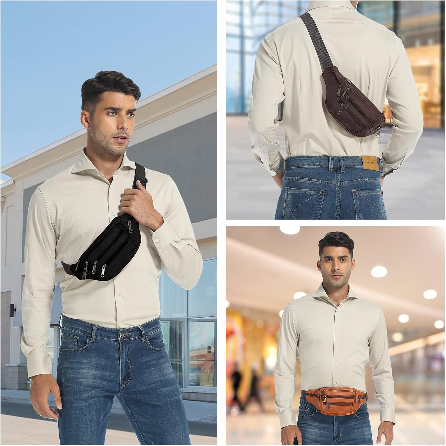 Isuntop Genuine Leather Waist Pack Waist Bag Waterproof Hip Belt Bag Organizer with Adjustable Belt Multiple Pockets Funny Pack for Sport Travel Hiking(Black) - Brown image number 4