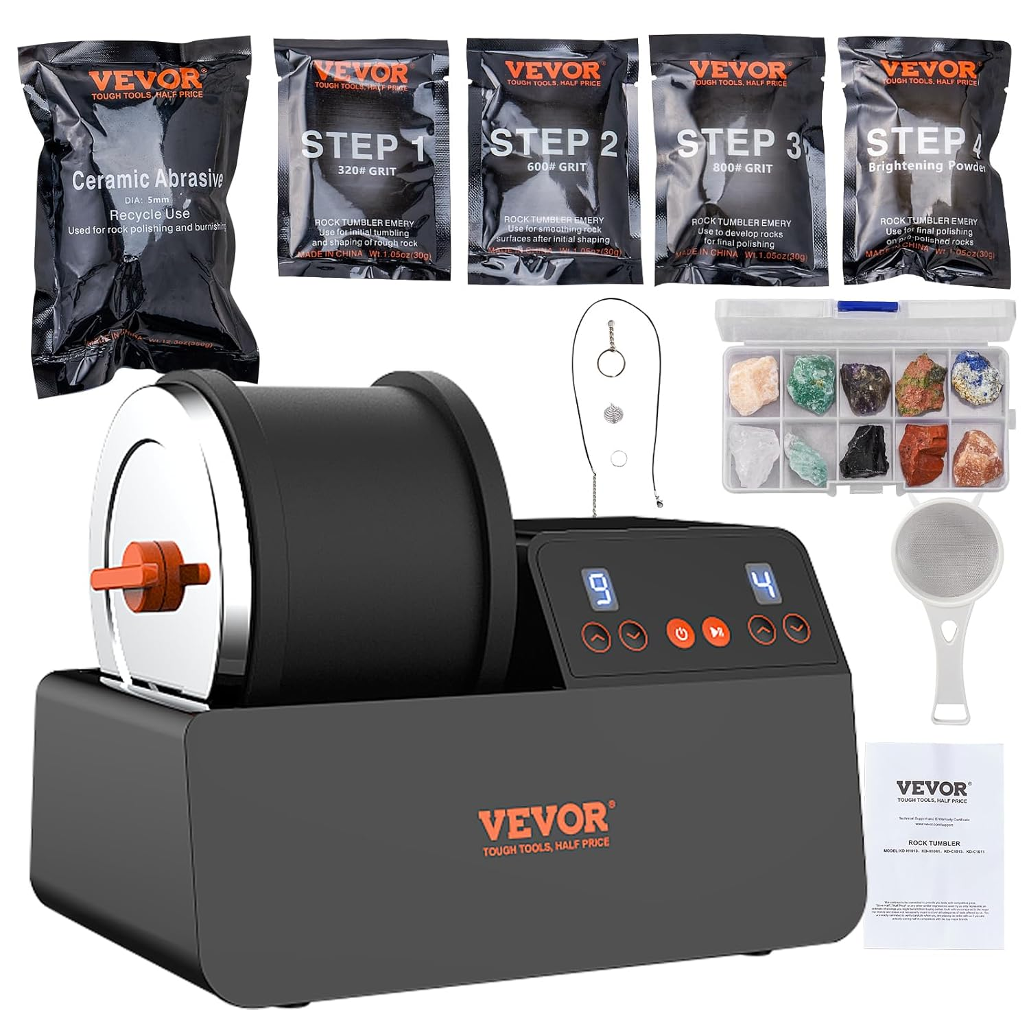 VEVOR Direct Drive 3LB Rock Tumbler Kit, 4-Speed/9-Day Timer,Professional Rock Polisher with Rough Gemstones/Grits/Jewelry Fastenings,Stone Polishing Kit for Family Fun Time,Stem Adults Kids