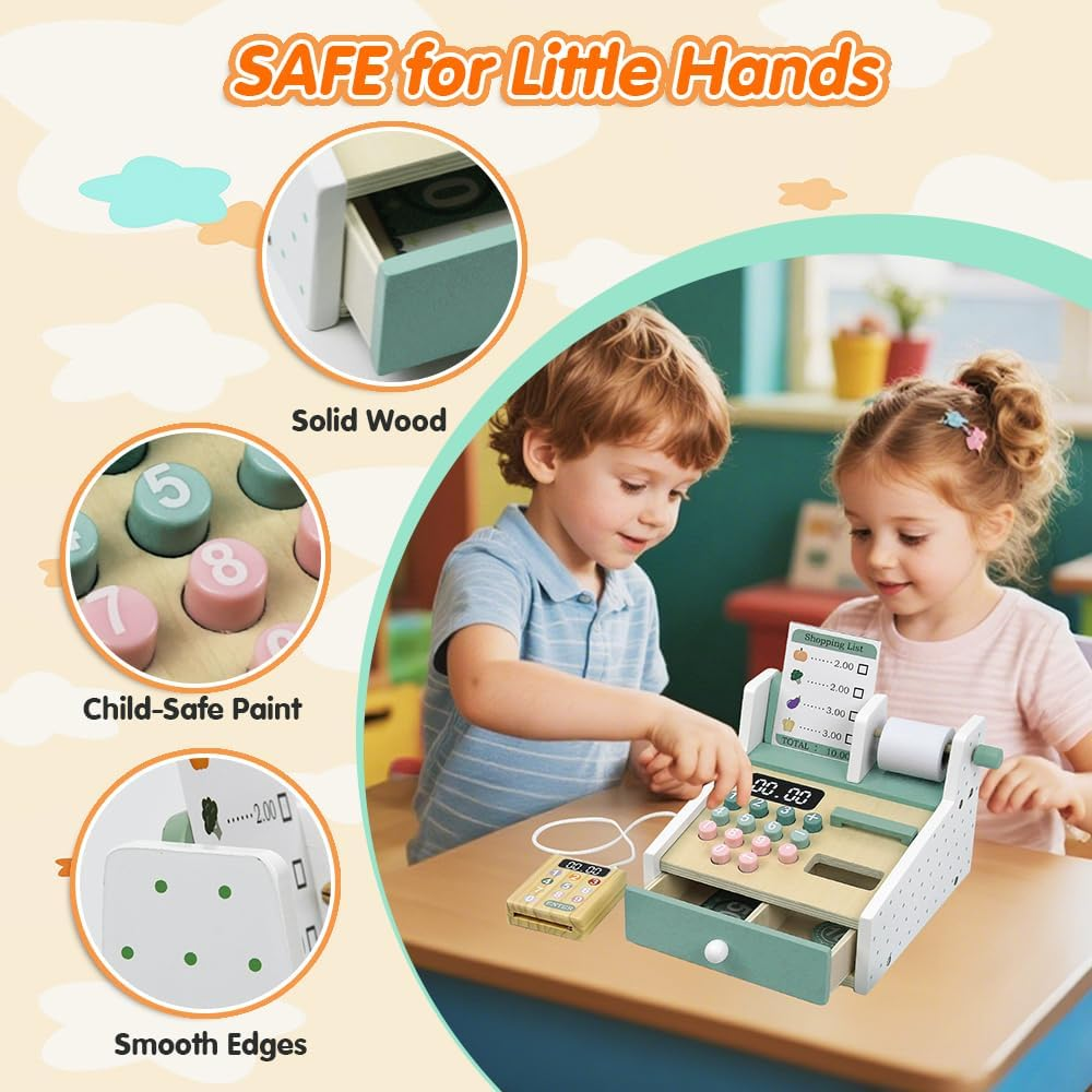 Wooden Cash Register Toy for Kids, Pretend Play Set with Scanner, Card Reader, Play Money & Shopping Lists, Ideal for Birthdays & Festivals, for Boys & Girls Ages 3+ image number 6
