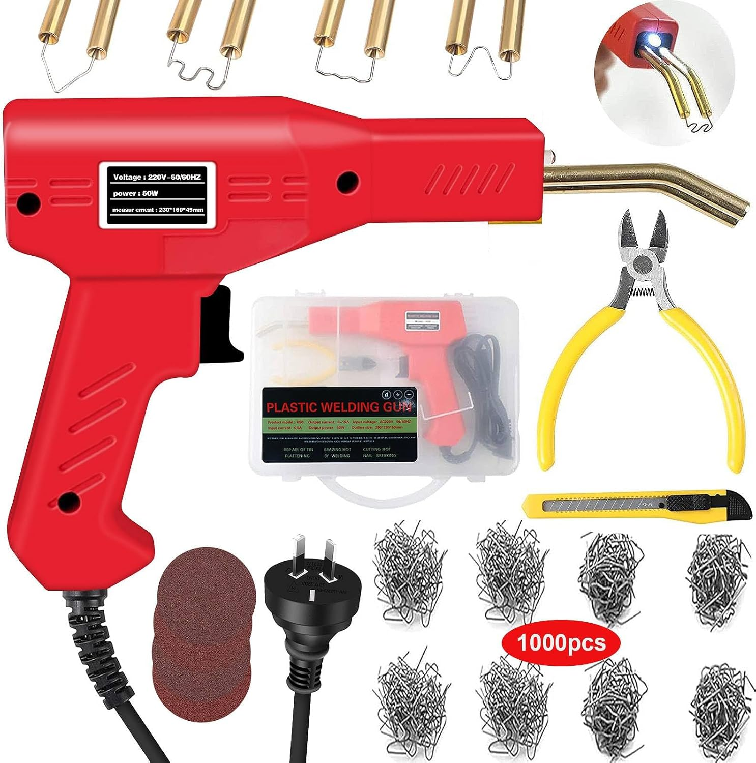 Upgraded Plastic Welder with 1000PCS Staples, Hot Stapler, Car Bumper Repair Kit, Welding Gun, Plier, Knife and Portable Toolbox (Red)