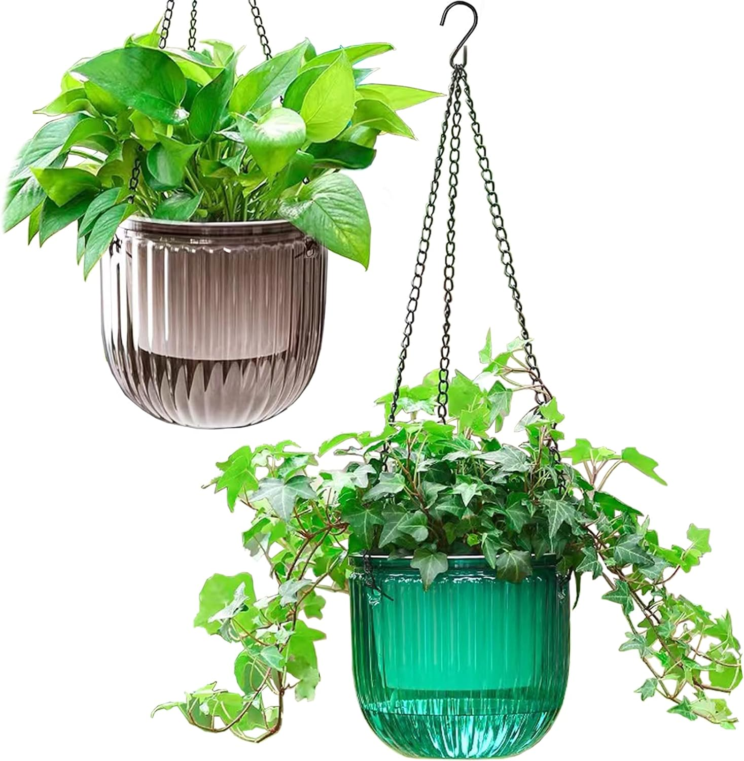 Melphoe 2 Pack Self Watering Hanging Planters Indoor Hanging Flower Pots, 6.5 Inch Outdoor Hanging Plant Pot Basket, Plant Hanger with 3Hooks Drainage Holes for Garden Home Emerald+White