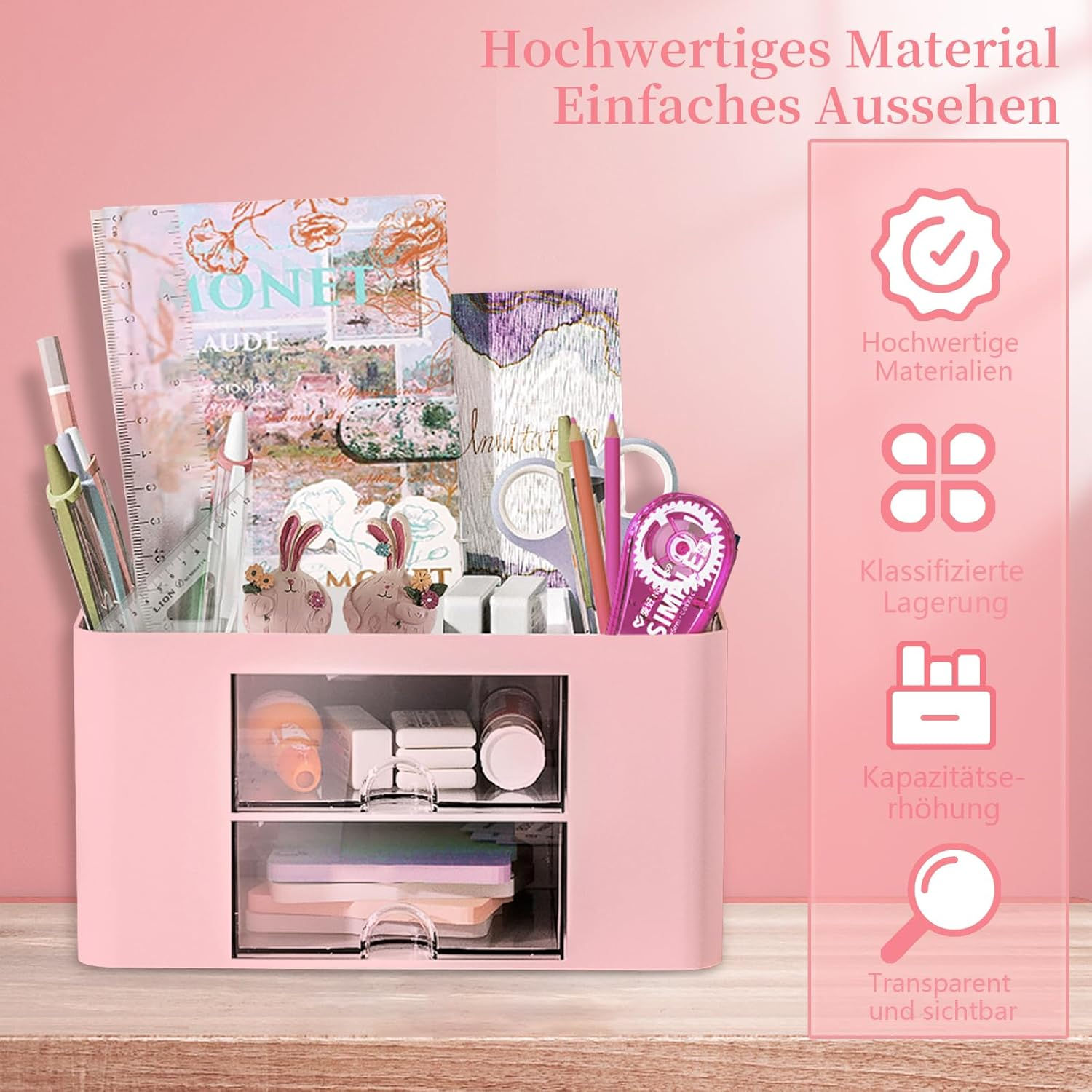 UVVRUR Desk Organiser 7 Compartments Pen Holder Office Home School Space Saving Desk Organiser (Pink)