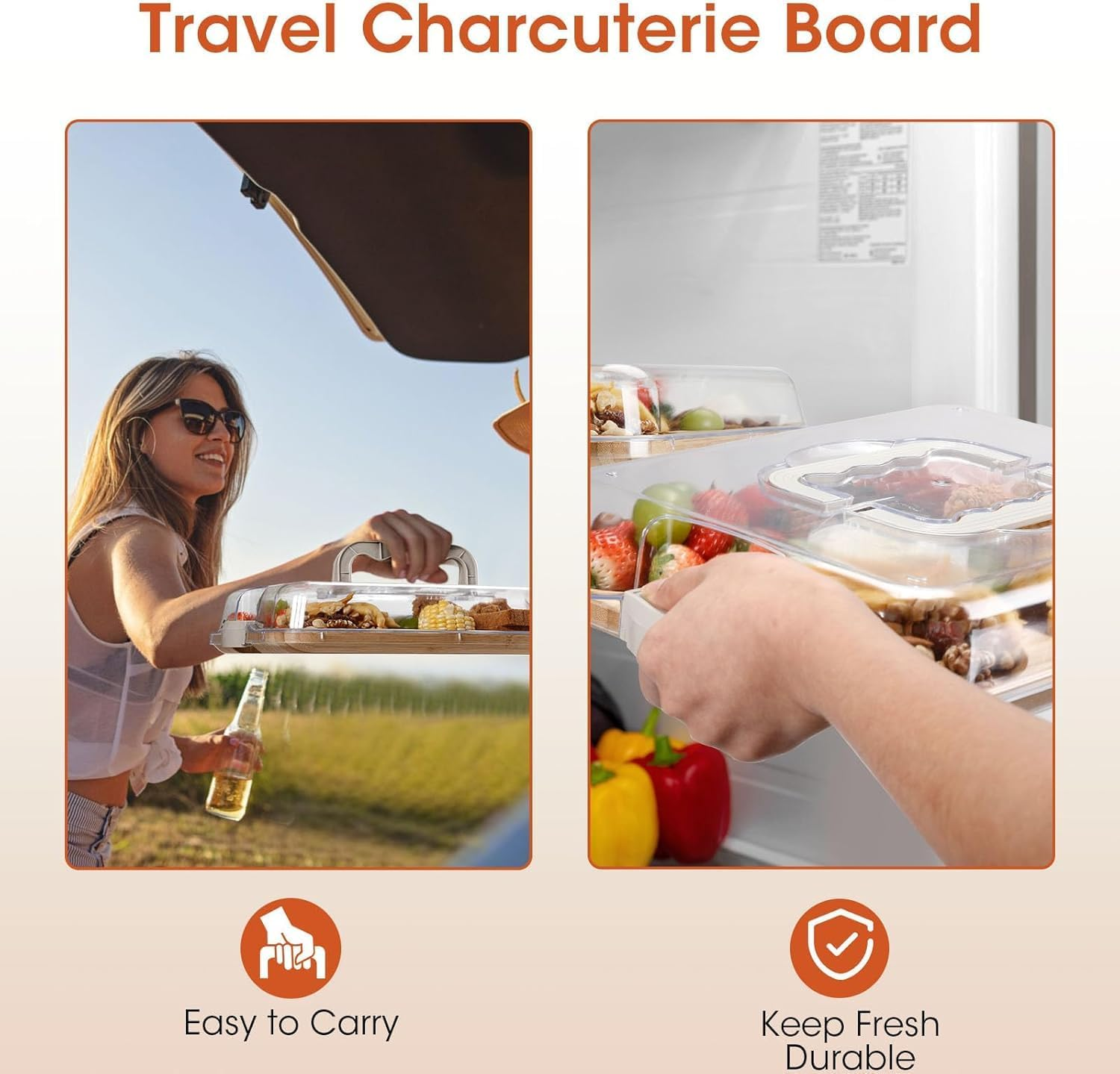 Portable Charcuterie Boards, Cheese Board Bamboowith Locking Lid,Handle and Compartments,Cheese Platter, Bamboo Cutting Board for Kitchen, Picnic, Camping, Party image number 2