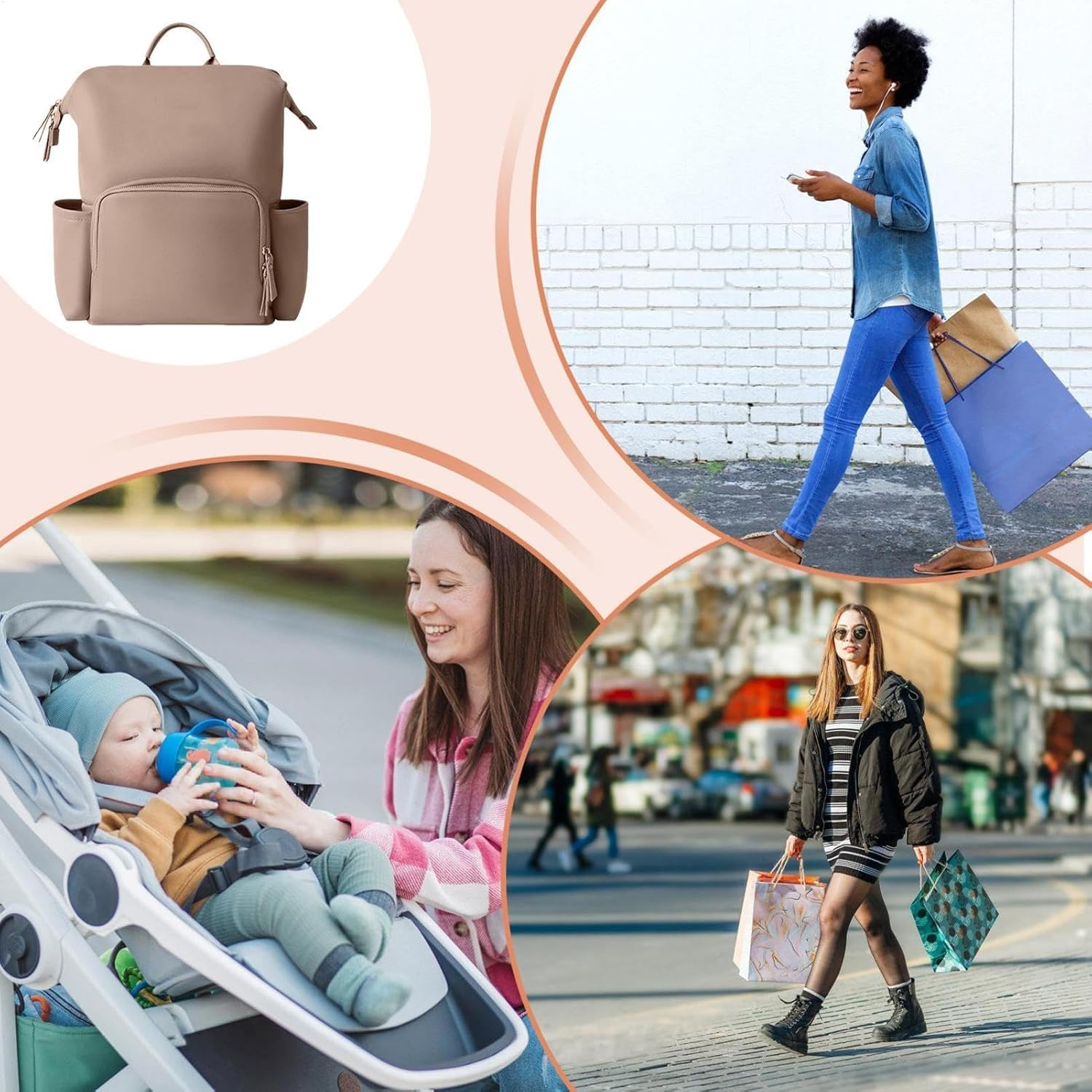 Diaper Bag Leather, Toddler Bags, Water-Resistant Travel Toddler Diaper Backpack Fashion PU Leather Mommy Daypack for Unisex (Khaki) image number 3