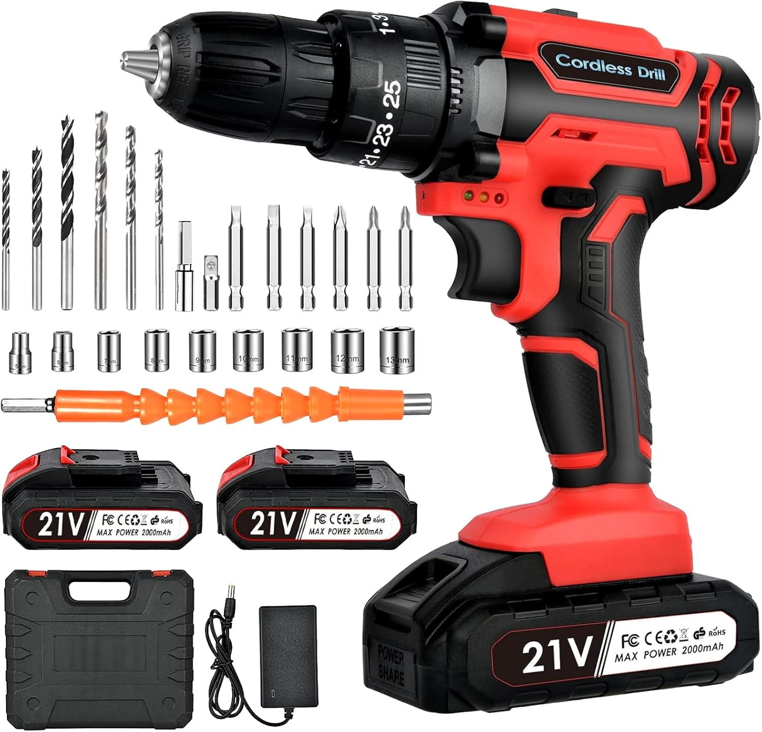 Cordless Drill Driver 21V: Powerful Cordless Drill Set with 2 Batteries 2.0Ah, 25+3 Torque, 24PCS Drill Bits, 2 Speed, LED Light for DIY Project