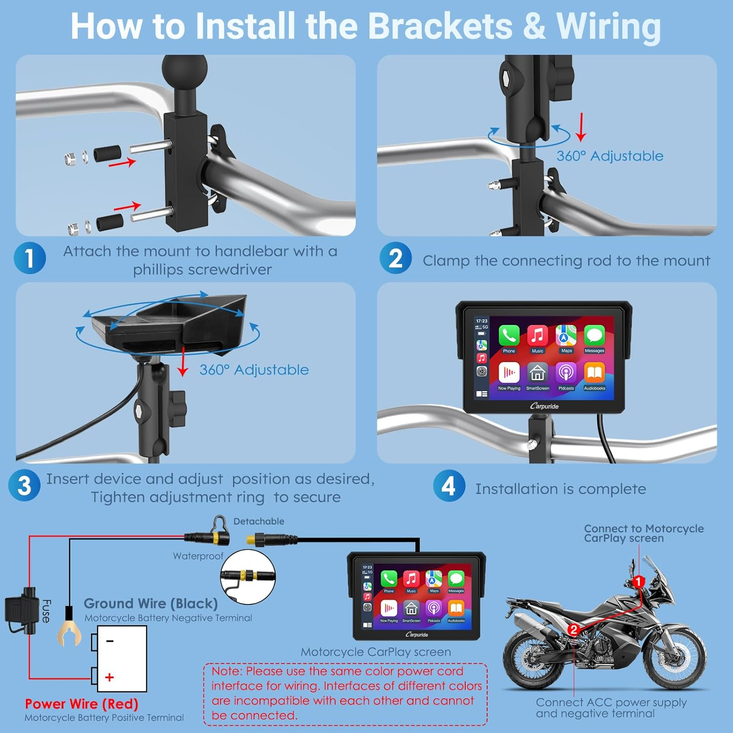 Carpuride W502 Motorcycle GPS Wireless Portable Carplay/Android Auto Waterproof Car Stereo, 5" IPS Touch Screen with Dual Bluetooth, Navigation/Siri/G00Gle Assistant for Motorbike image number 6