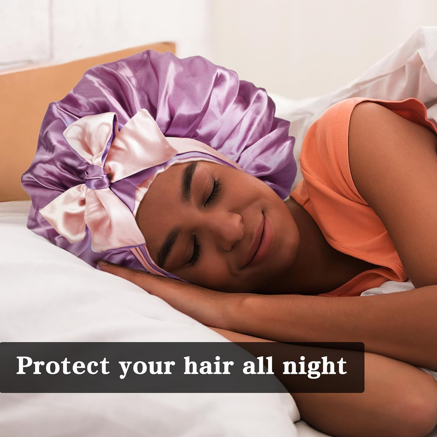 Silk Satin Bonnet - Silk Hair Wrap for Sleeping,Satin Bonnet for Curly Hair Sleep Cap Large Double Sided Reversible Hair Bonnet with Tie Band image number 1