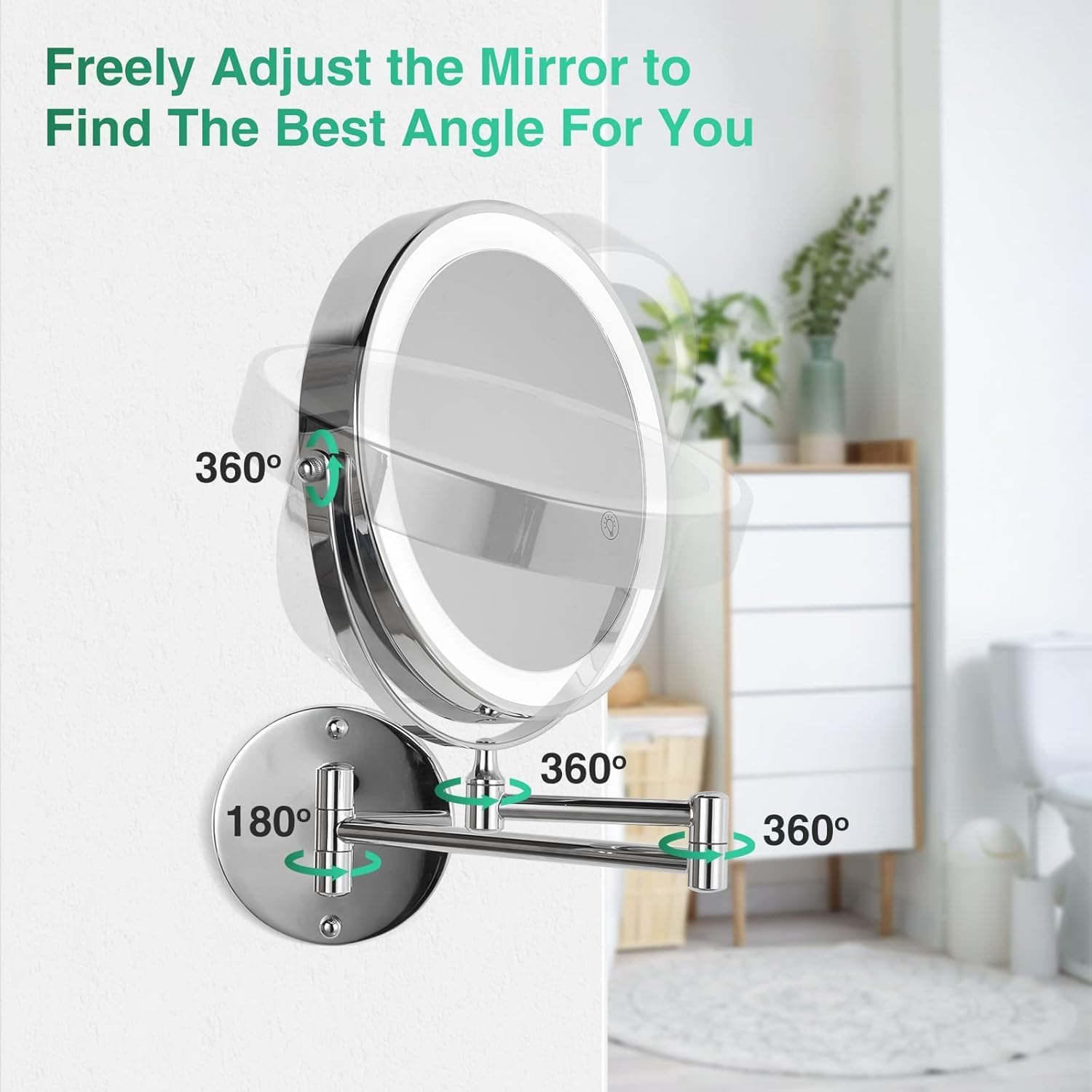 Wall Mounted Lighted Makeup Mirror, 8" Rechargeable Double-Sided Light up Magnifying Mirror 1X/10X, 3 Colors Led Vanity Mirror with Lights, Touch Dimmable 360&deg; Rotation Foldable image number 3