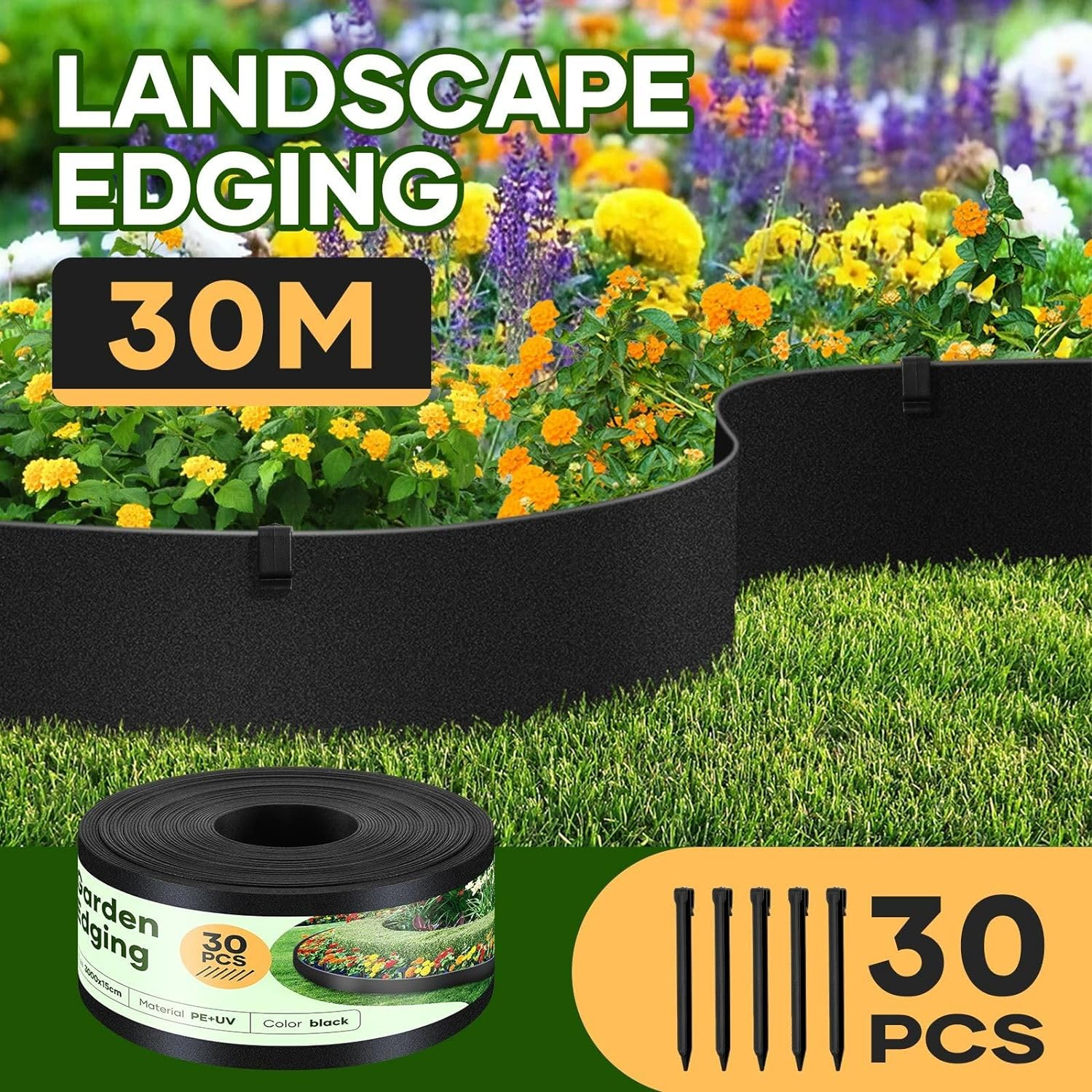 30Mx15Cm Garden Edging Lawn Border Landscape Edge Flexible DIY Fence Barrier Path Driveway Plant Grass Flower Bed Support Plastic Roll Kit - 30Mx15Cm image number 3