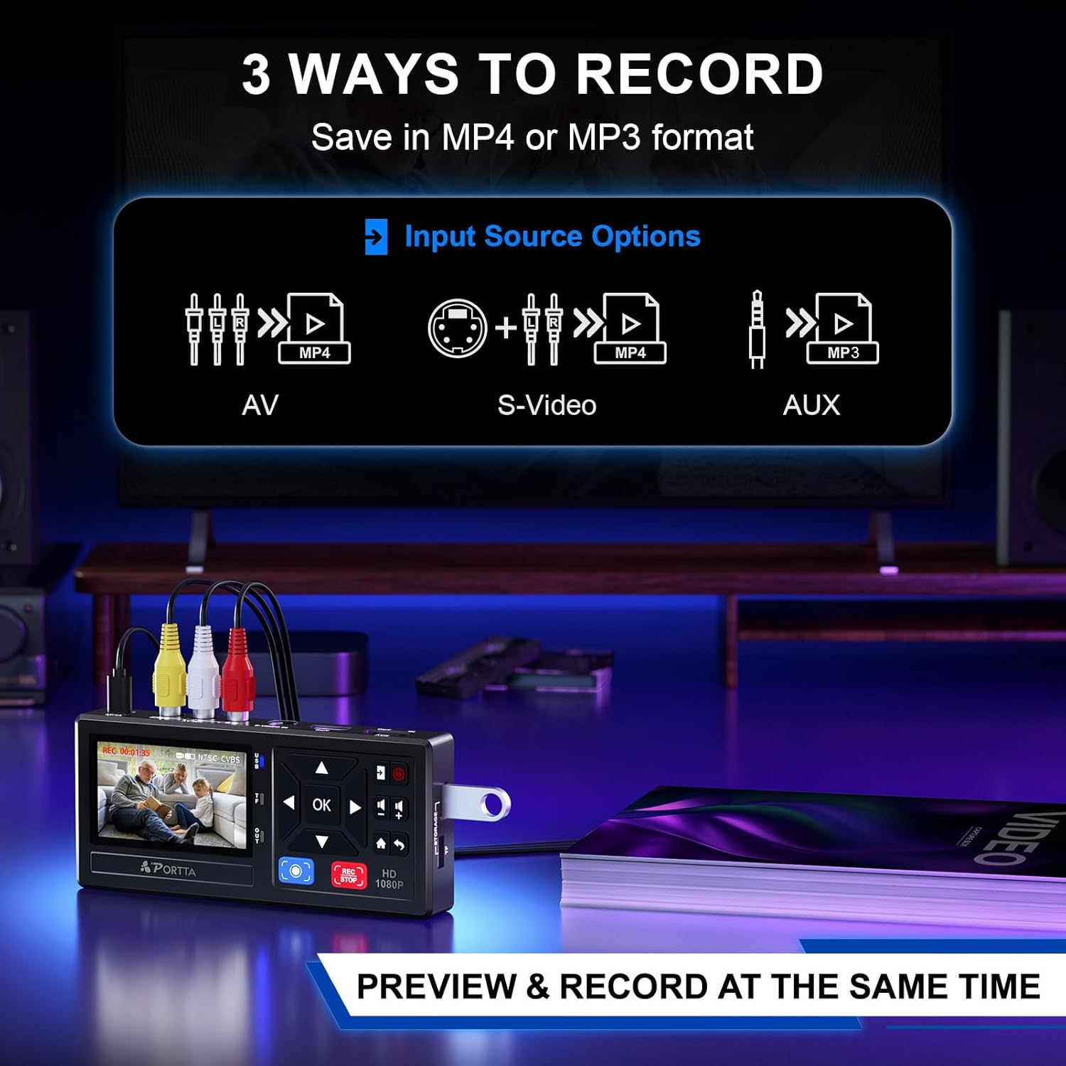 PORTTA VHS to Digital Converter, Video to Digital Recorder with Remote, RCA to HDMI Converter Compatible with VHS, VCR, DVR, DVD, Hi8, Mini DV, Camcorder, Cassette Tape, Gaming Consoles image number 4