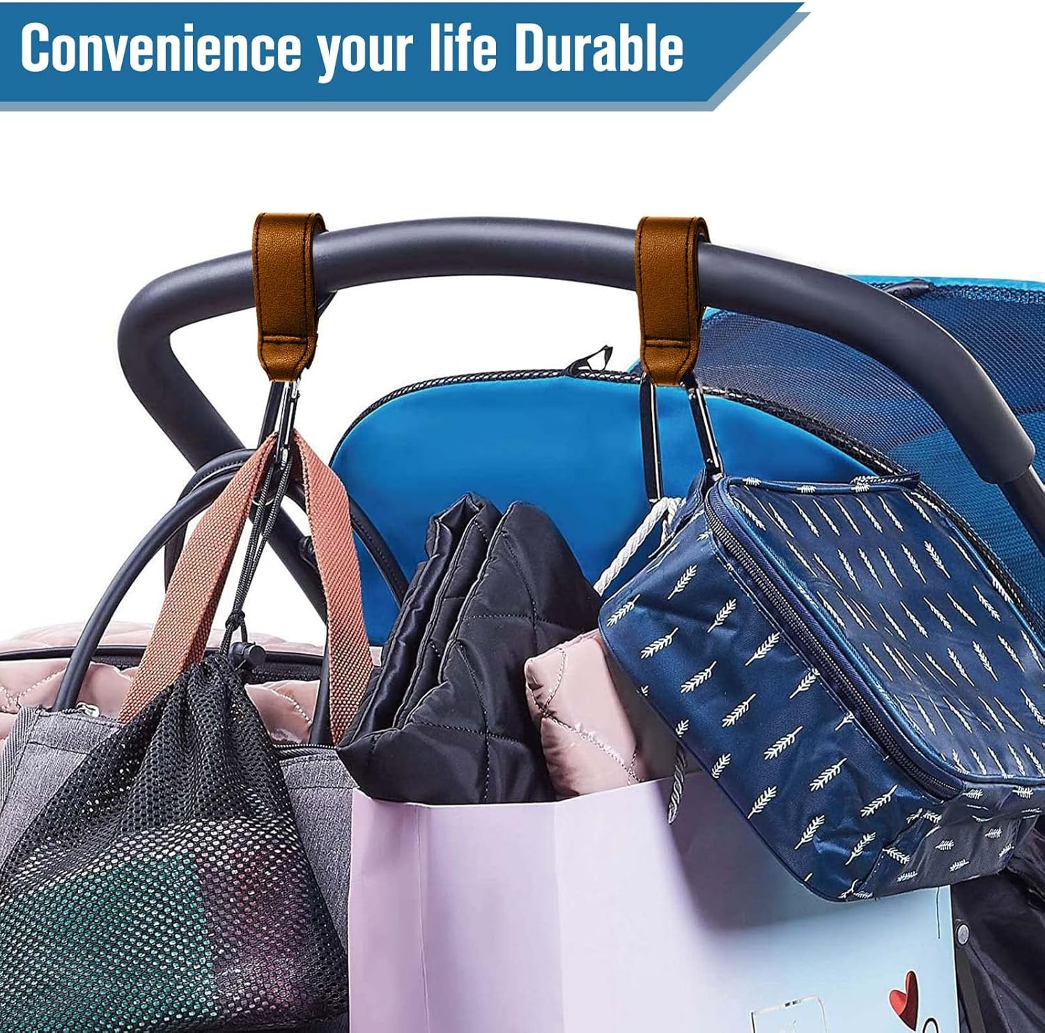 Pram Hook Clips, Pack of 2 Buggy Clips Carrier Pram Hooks, Pram Bag Holder Made of Leather, Bag Hooks for Strollers, Pram Clips, Pram Hooks for Bags, Backpack (Brown) - Brown image number 2