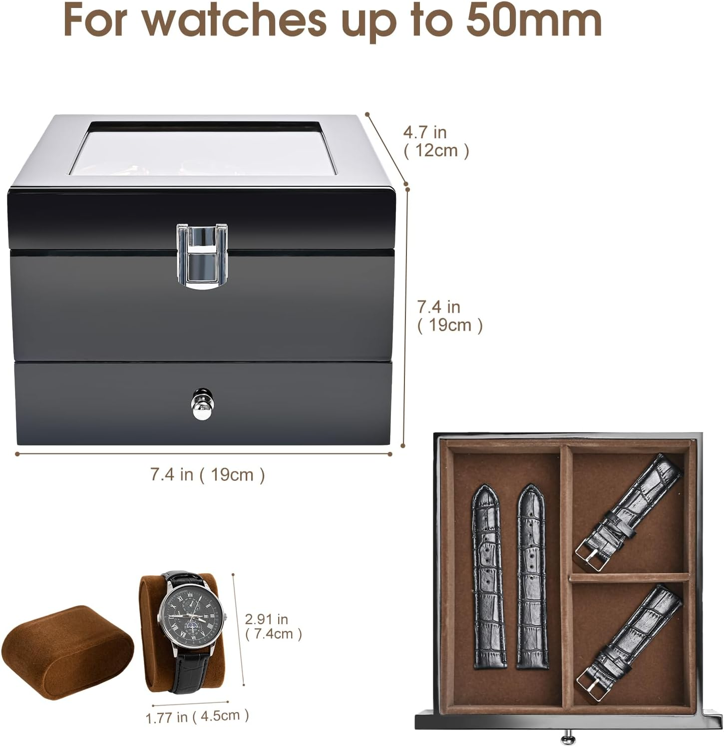 Procase 6 Slots Lacquered Finish Wooden Watch Box for Men, Men&rsquo;S Watch Organizer with Glass Top, 2-Tier Display Case for Wristwatch Storage image number 1