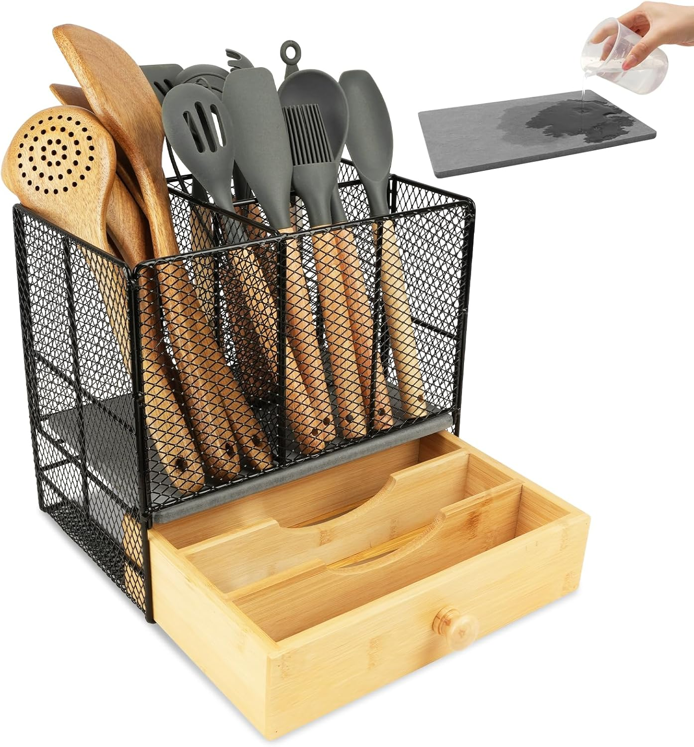 Dish Drying Rack for Kitchen Counter - Space-Saving Stainless Steel Dish Drainer with Cutlery Holder, Kitchen Storage & Organisation, 29.0 X 38.1 X 12.7 Cm, Black image number 3