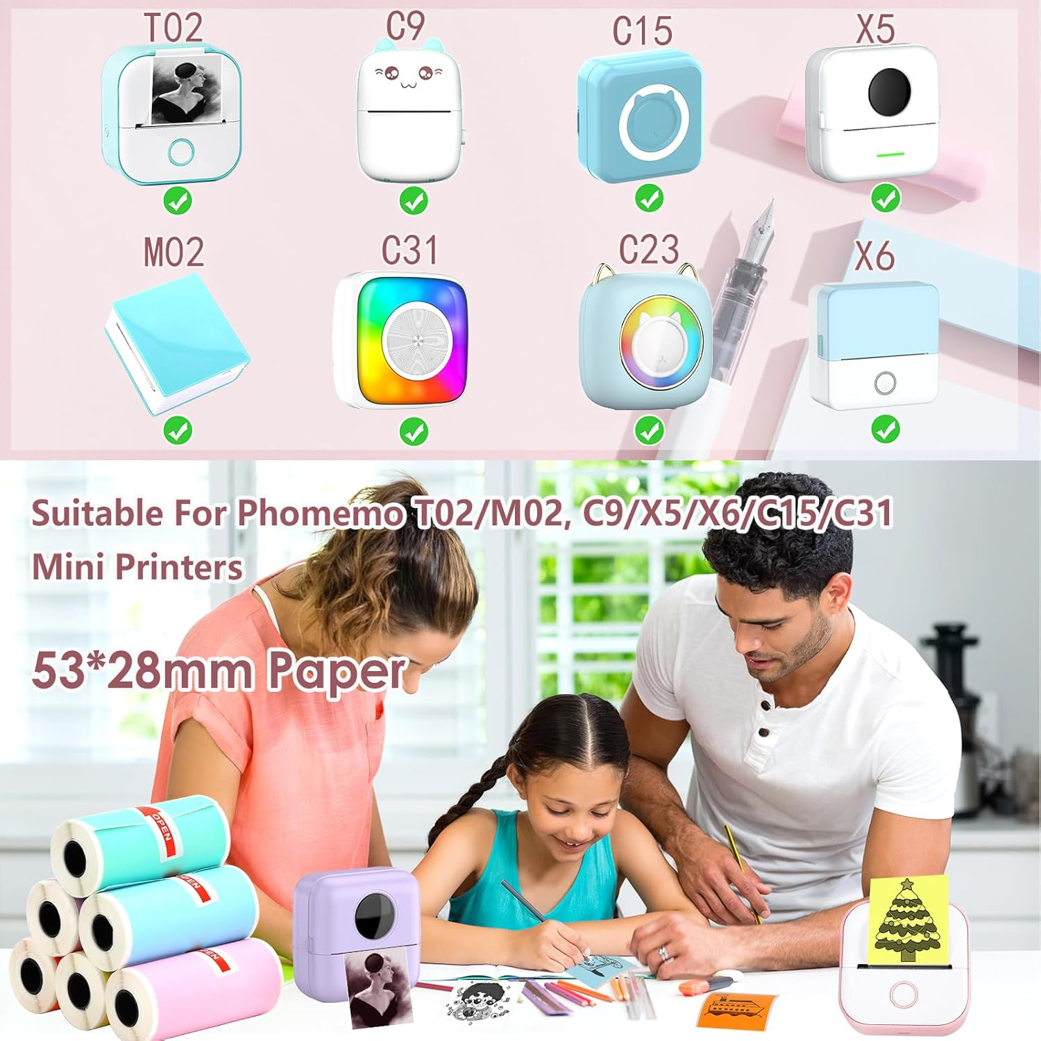 6 Rolls Colored Thermal Sticker Paper for Phomemo T02/M02/M02S PRO Mini Printer,Self-Adhesive Paper 53 * 28Mm,Hd Label for Pocket Inkless Portable Photo Printer to Print,Note,List - 3 White+Orange+Purple+Green image number 5