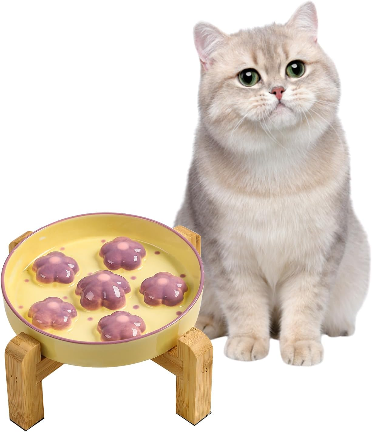 Elevated Slow Feeding Cat Bowl - Raised Anti-Slip Bamboo Stand - Colorful Maze Cat Dish - 6 OZ - Bright Orange Flower