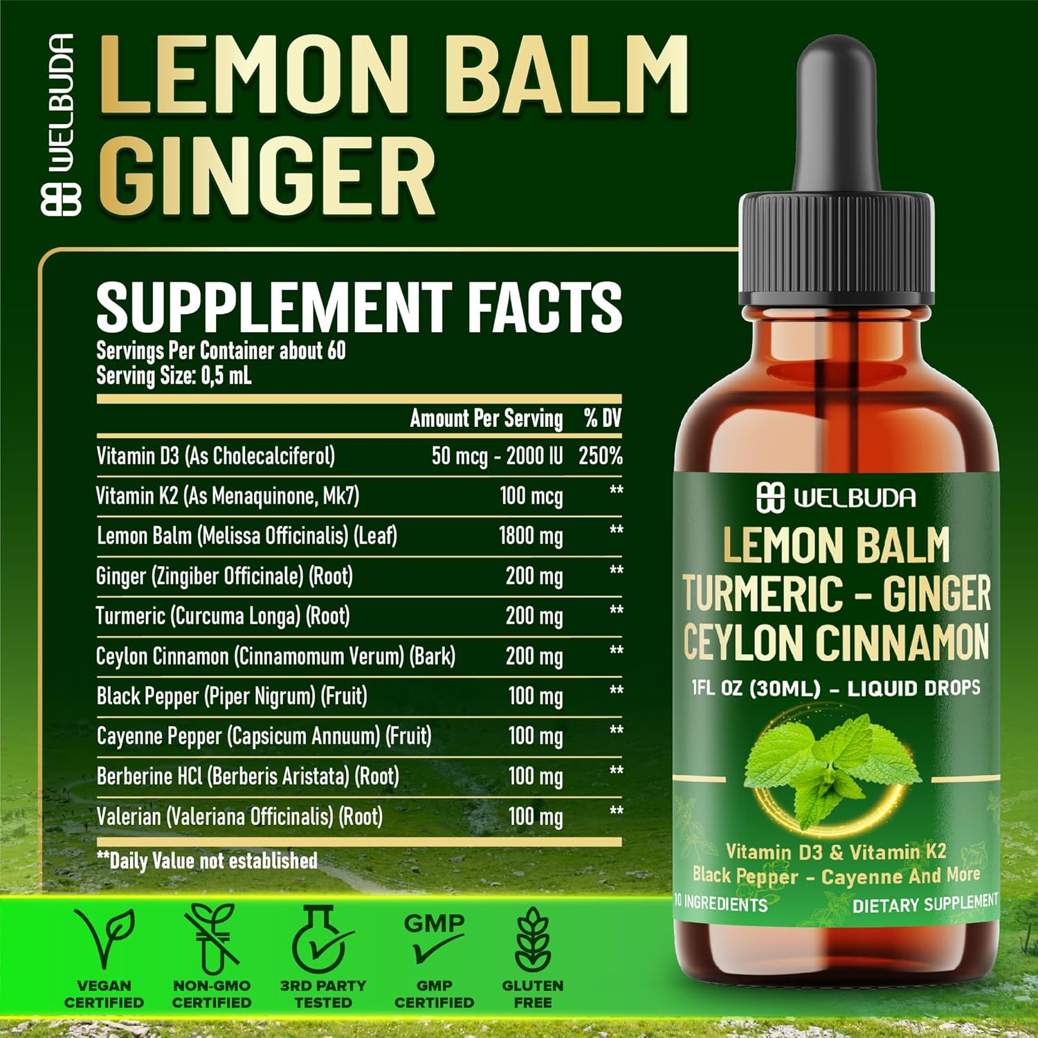 10In1 Lemon Balm Liquid Drops Blend Includes Lemon Balm, Ginger, Turmeric, Ceylon Cinnamon, Black Pepper, Cayenne Pepper, Berberine - Support Digestion, Mood - 1 FL Oz - 2 Month Supply image number 6