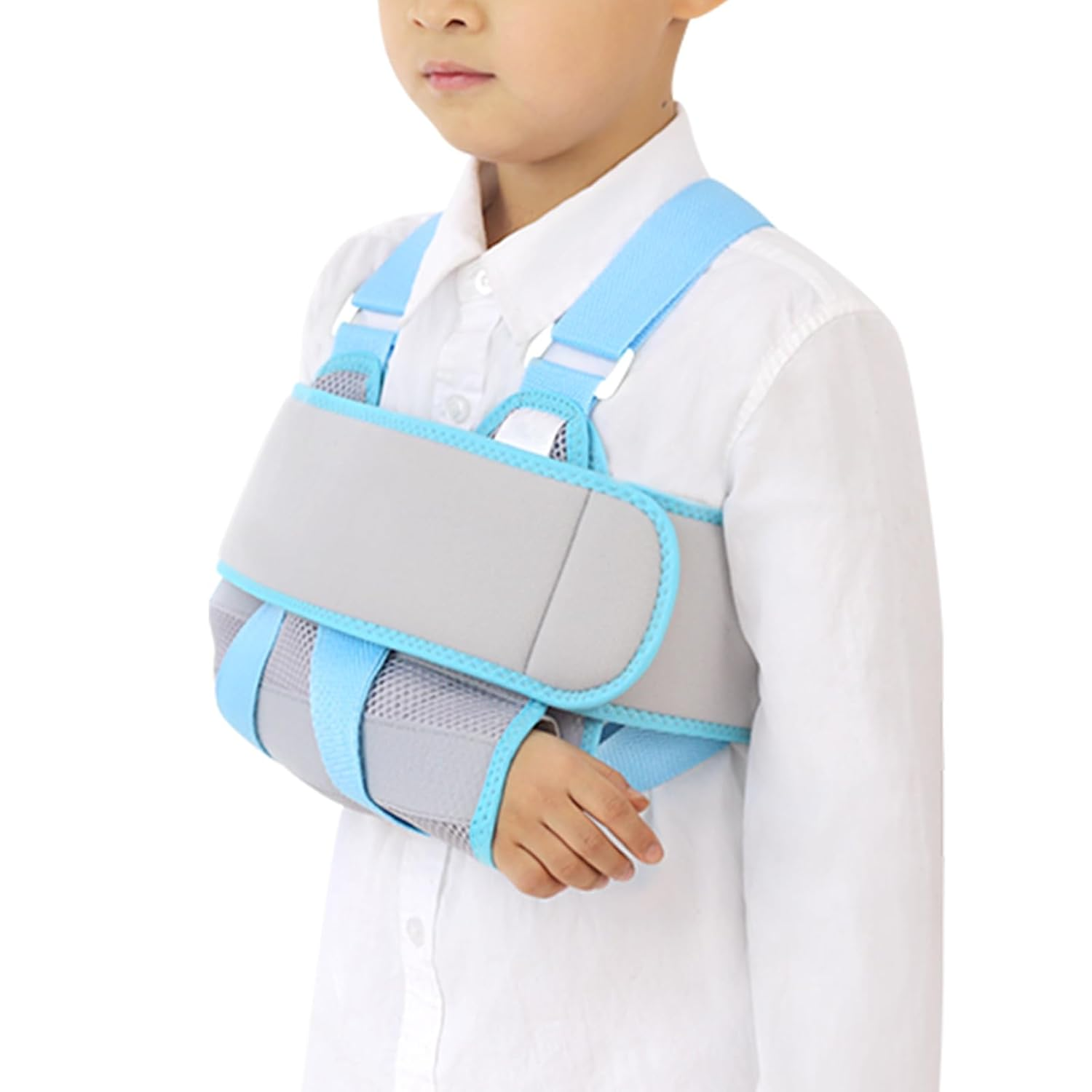 ENLUNTRA Kids Arm Shoulder Sling with Waist Strap for Both Hands, Immobilizer Brace Support for Broken Arm, Collarbone, Elbow, Wrist, Mesh, Suitable for Height 130-150 Cm, Blue, S