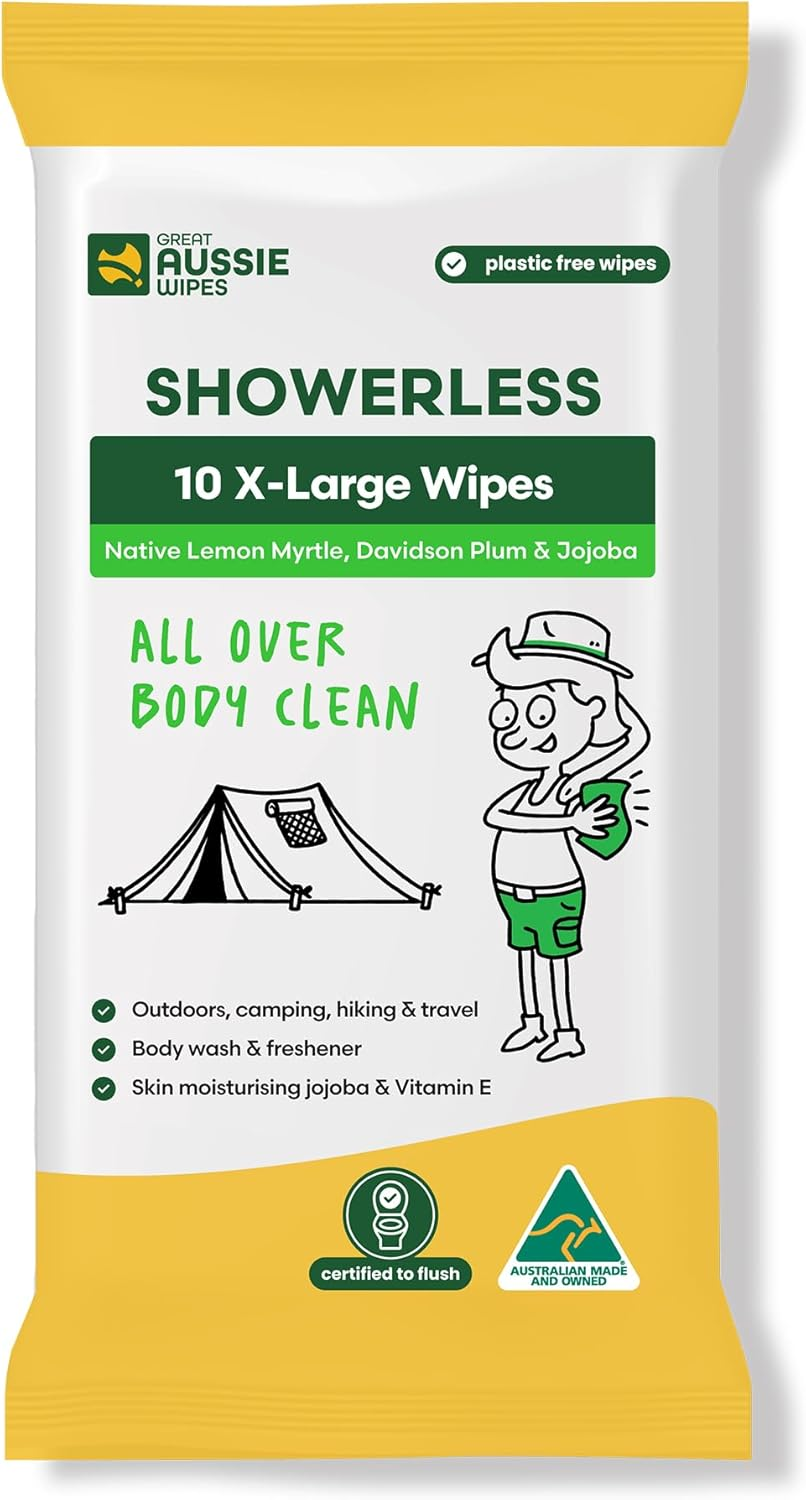 Great Aussie Wipes SHOWERLESS Body Wipes, Disposable Washcloths for Adults, No-Rinse Shower Wipes for Camping, Hiking, Travel, Skin Moisturising & Flushable - 10 Pack XL