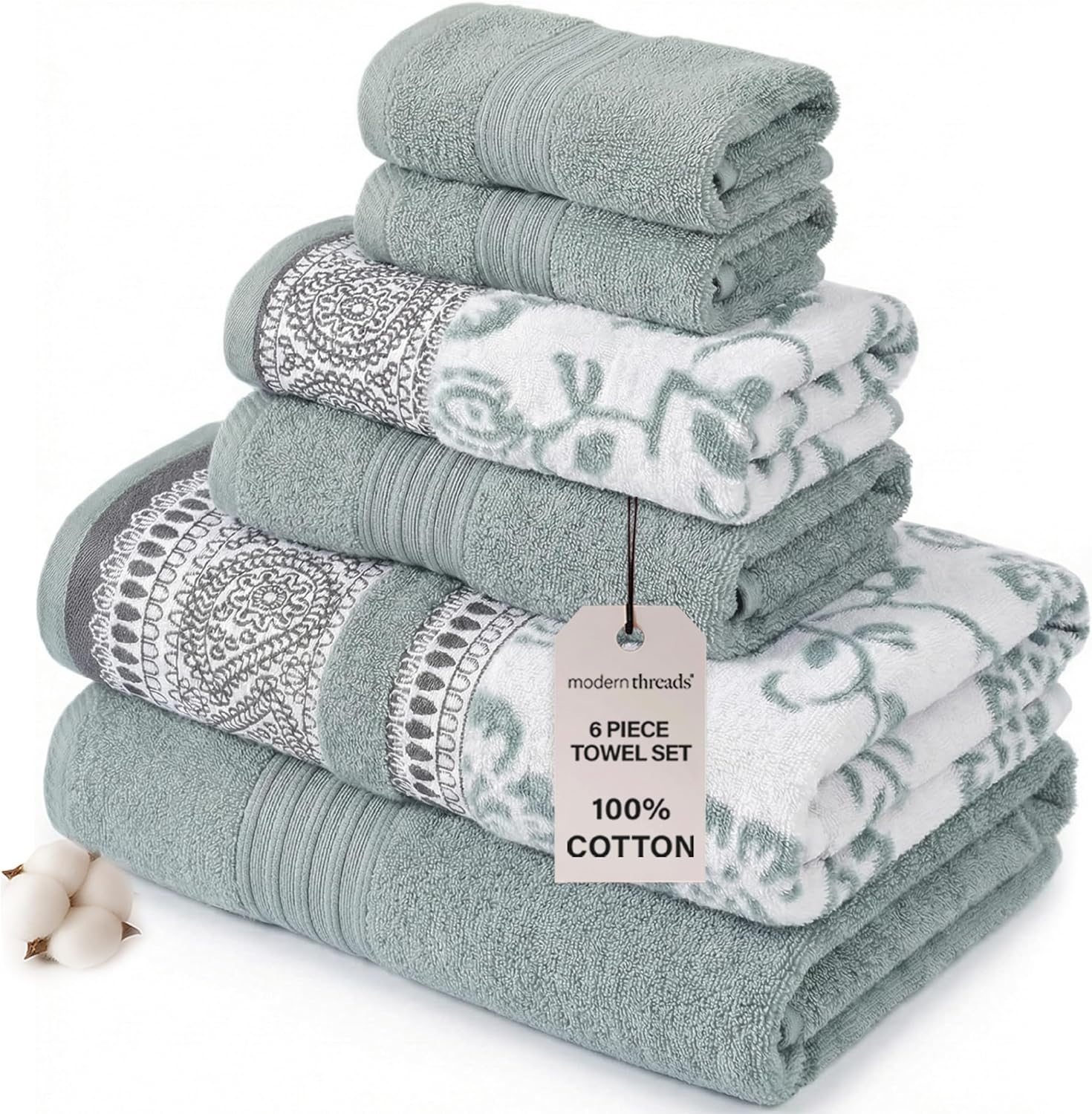 Modern Threads 6 Piece Set, 2 Bath Towels, 2 Hand Towels, 2 Washcloths Yarn Dyed Jacquard/Solid Towel Set Ophelia Dark Sage