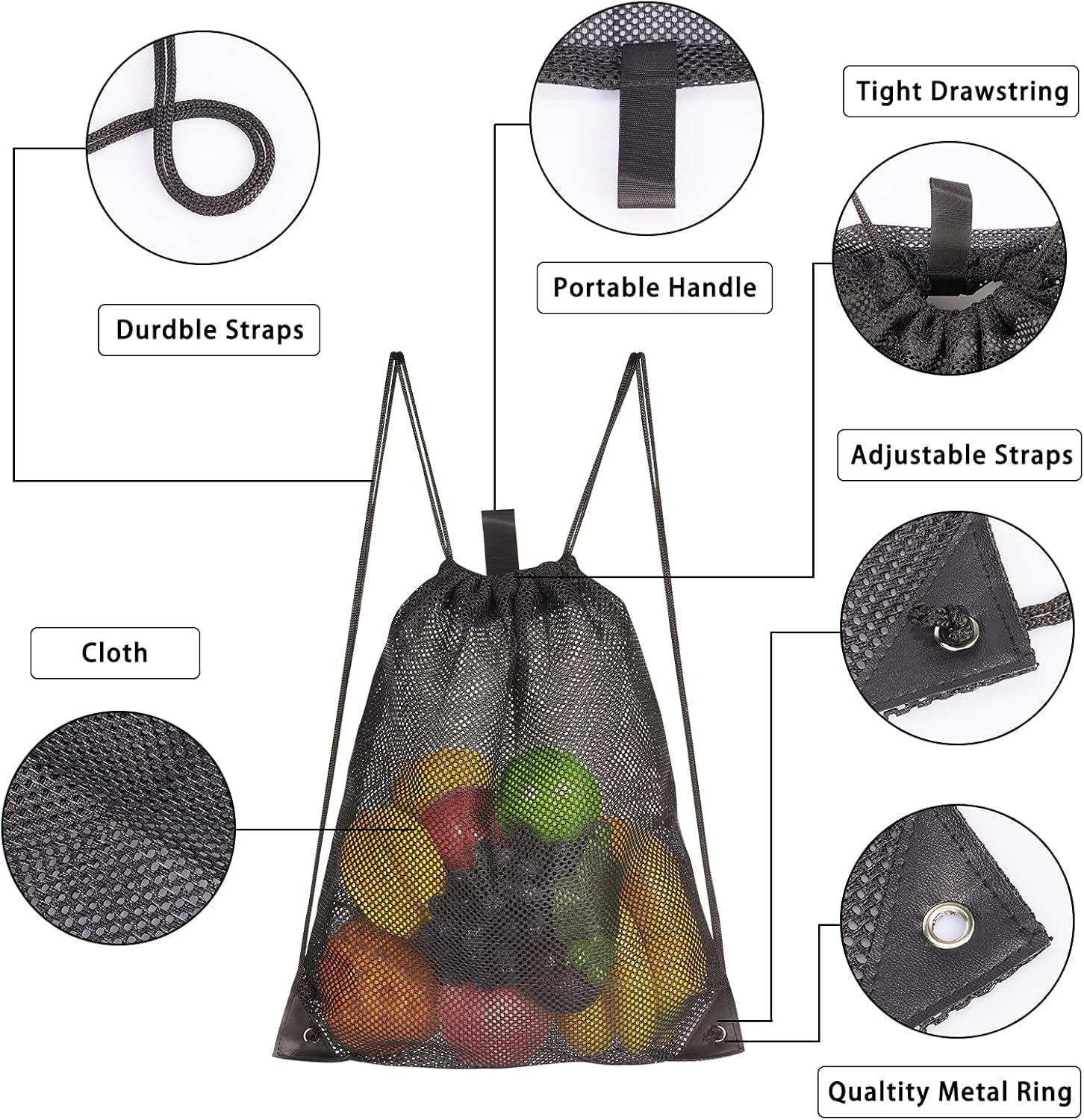 2-Pack Mesh Drawstring Bag, Mesh String Bag for Gym Laundry Seashell and Beach Finds, Mushroom Hunting Bag (Black, One Size) image number 2