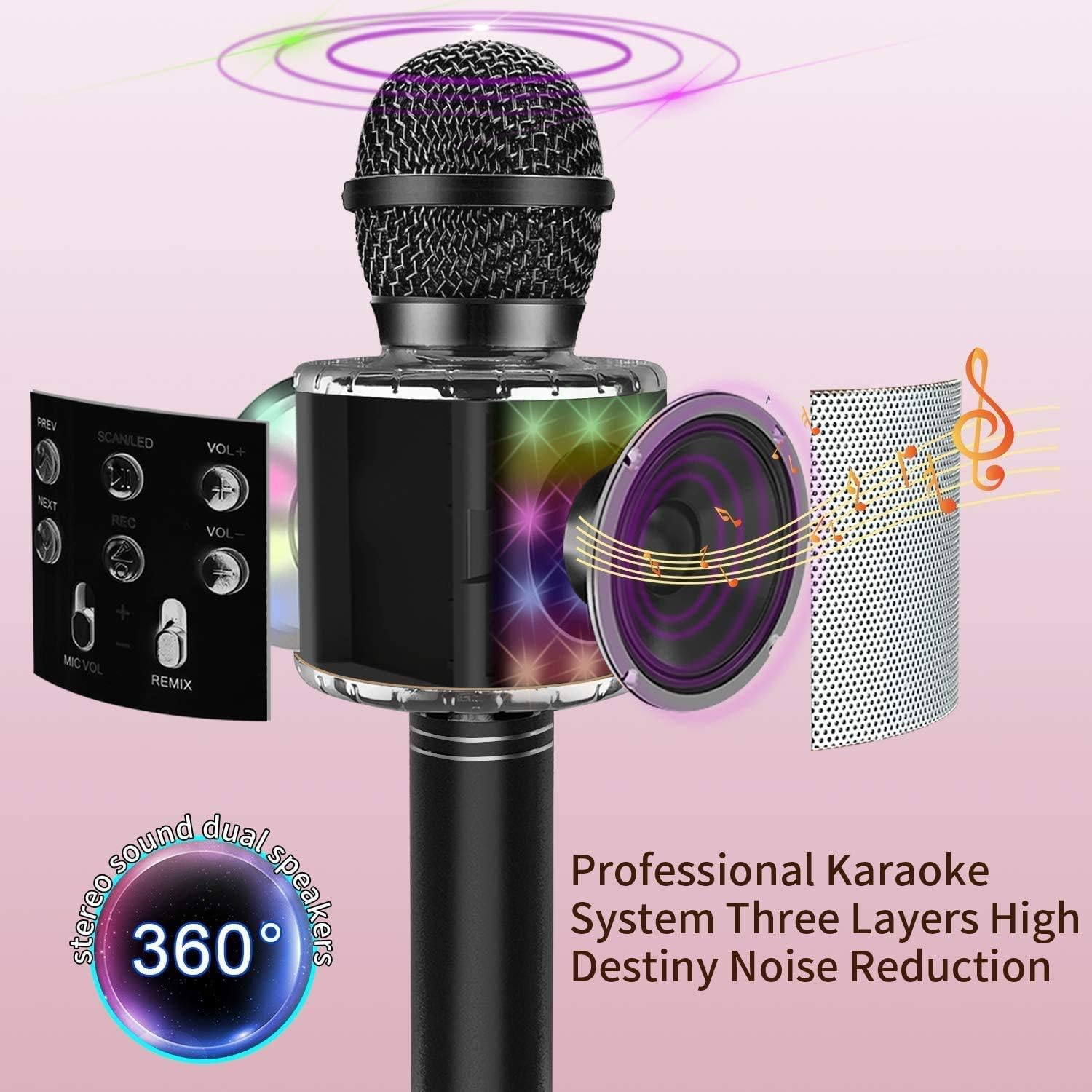 Wireless Bluetooth Karaoke Microphone with Controllable LED Lights, Jfmshop 4 in 1 Portable Karaoke Machine Speaker for Android/Iphone/Pc, Best Gifts Toys for Girls & Boys (Black) image number 1