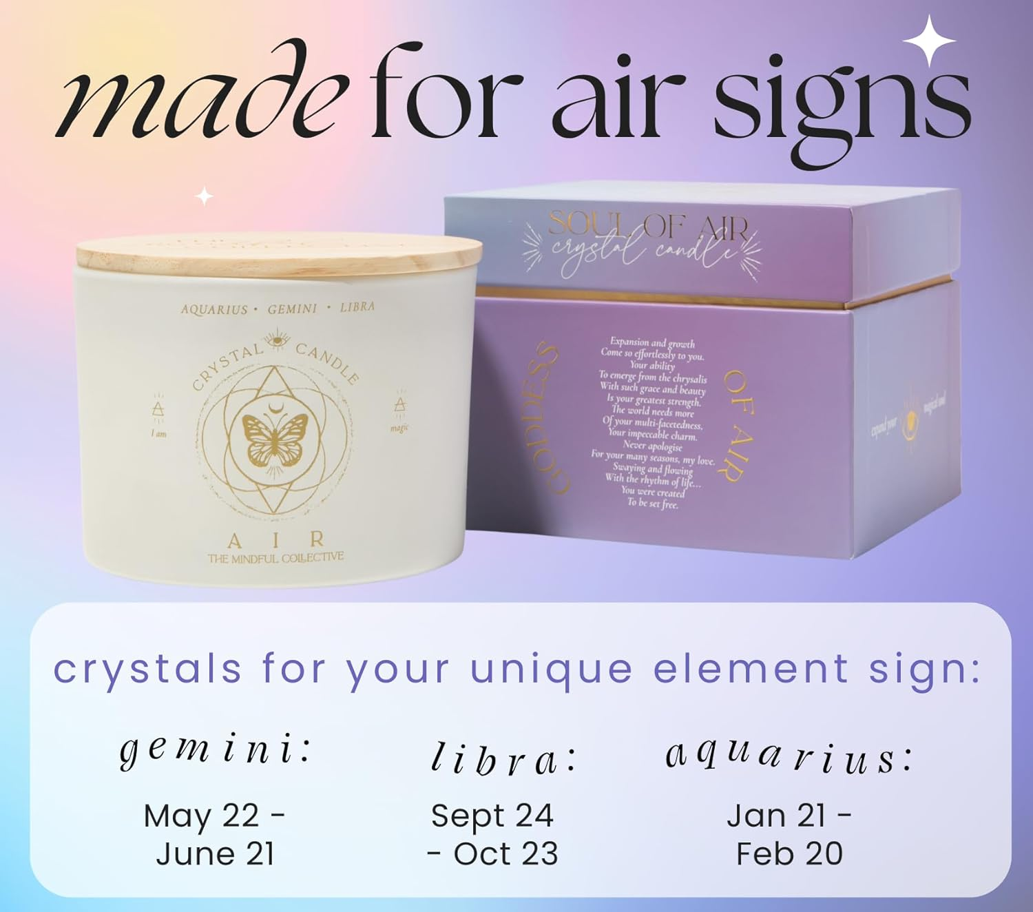 Gemini, Libra, Aquarius Scented Candle Gifts for Women - 340G Wood Wick Candles That Crackle for Home Decor. Birthday Gifts for Women, Zodiac Astrology with Crystals and Healing Stones image number 1