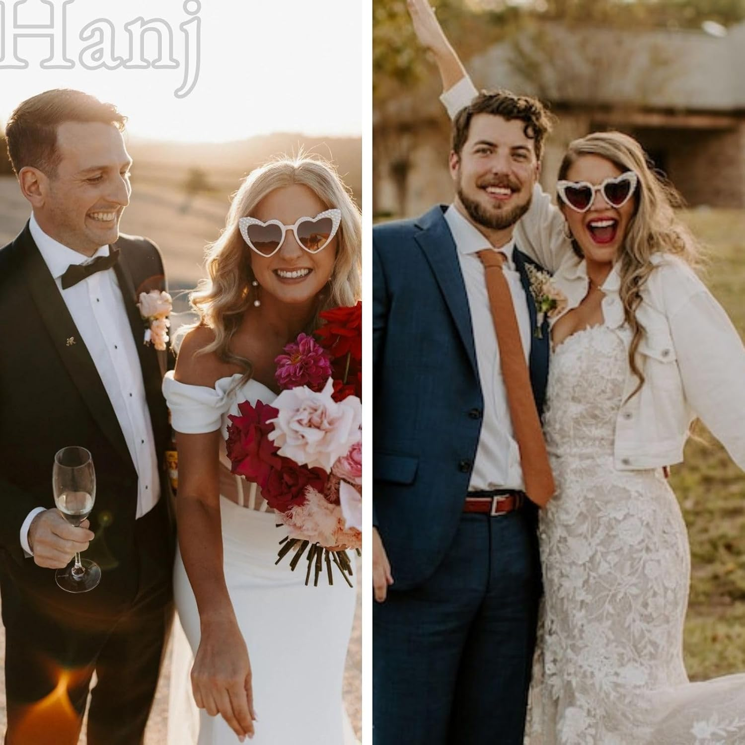 Hanj Love Heart Pearl Sunglasses for Women Rhinestone Glasses Bachelorette Party Bride Sunglasses - White image number 2