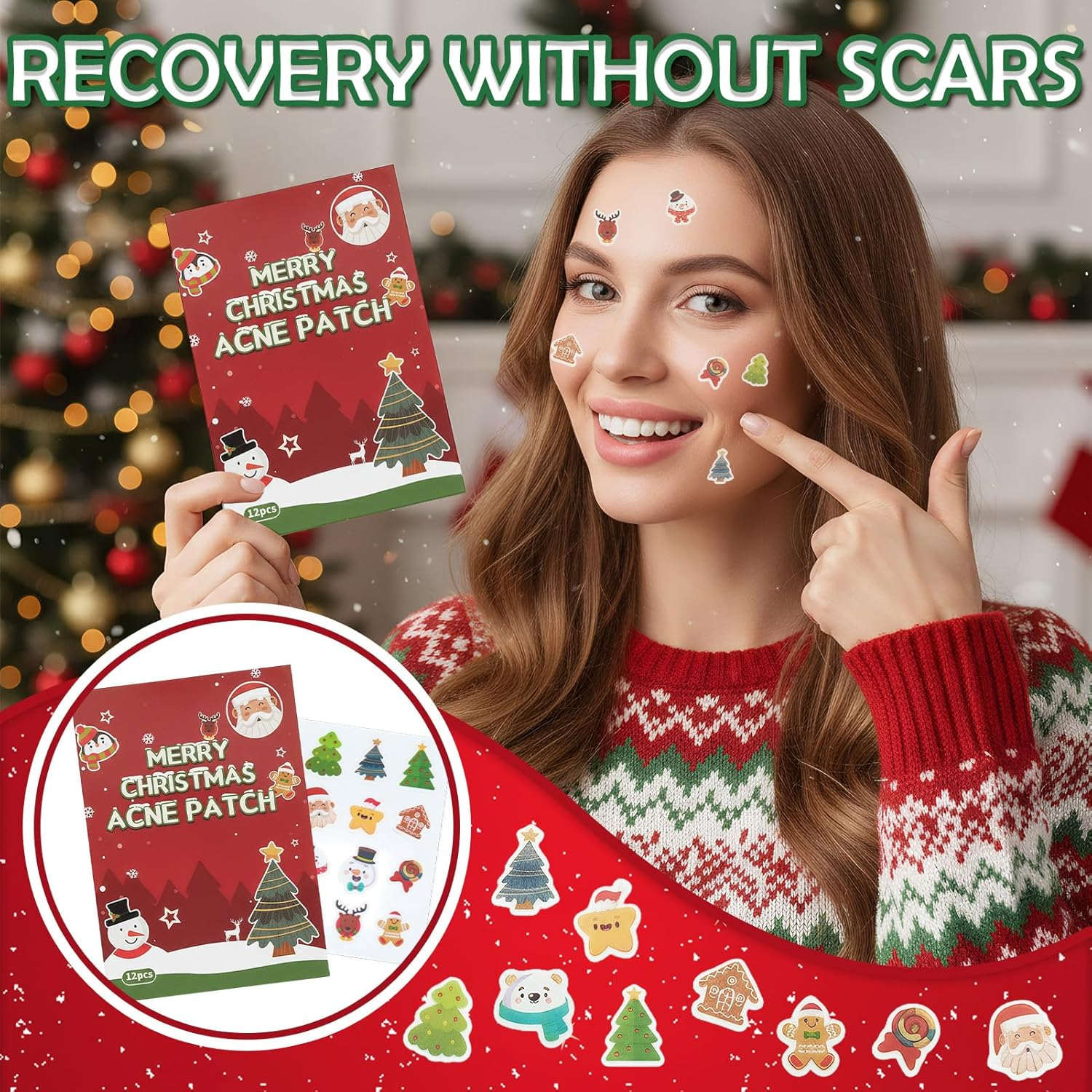 Pack of 12 Pimple Patches, Christmas Pimple Patches, anti Pimple Patches, Acne Patches, Day and Night Acne Patches, Waterproof, Breathable, Various Shapes image number 6
