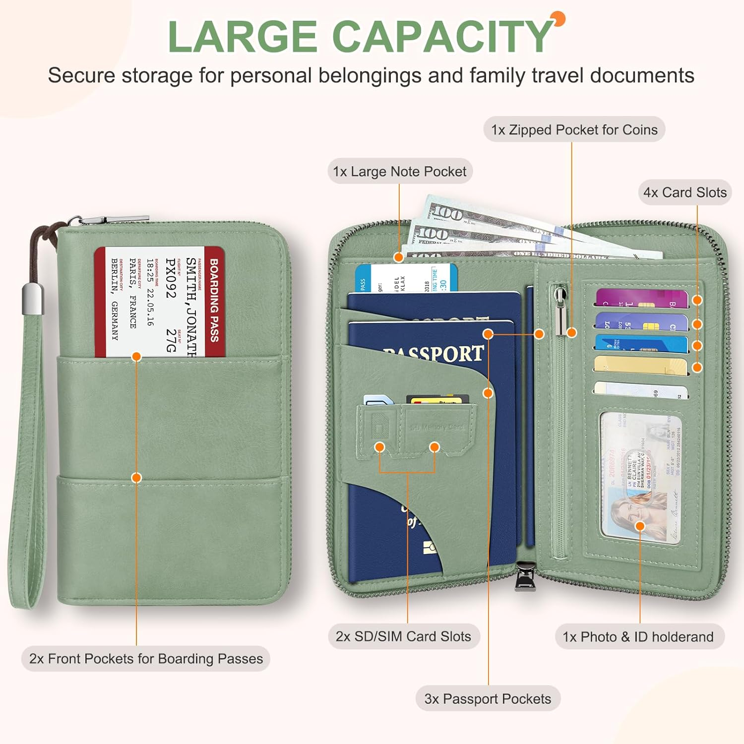 Family Passport Holder Wallet with Zipper, RFID Blocking Travel Document Organizer, PU Leather Passport Wallet for Women Men, Passport Cover Travel Wallet for Boarding Pass, ID, Money, Tickets, Light image number 2