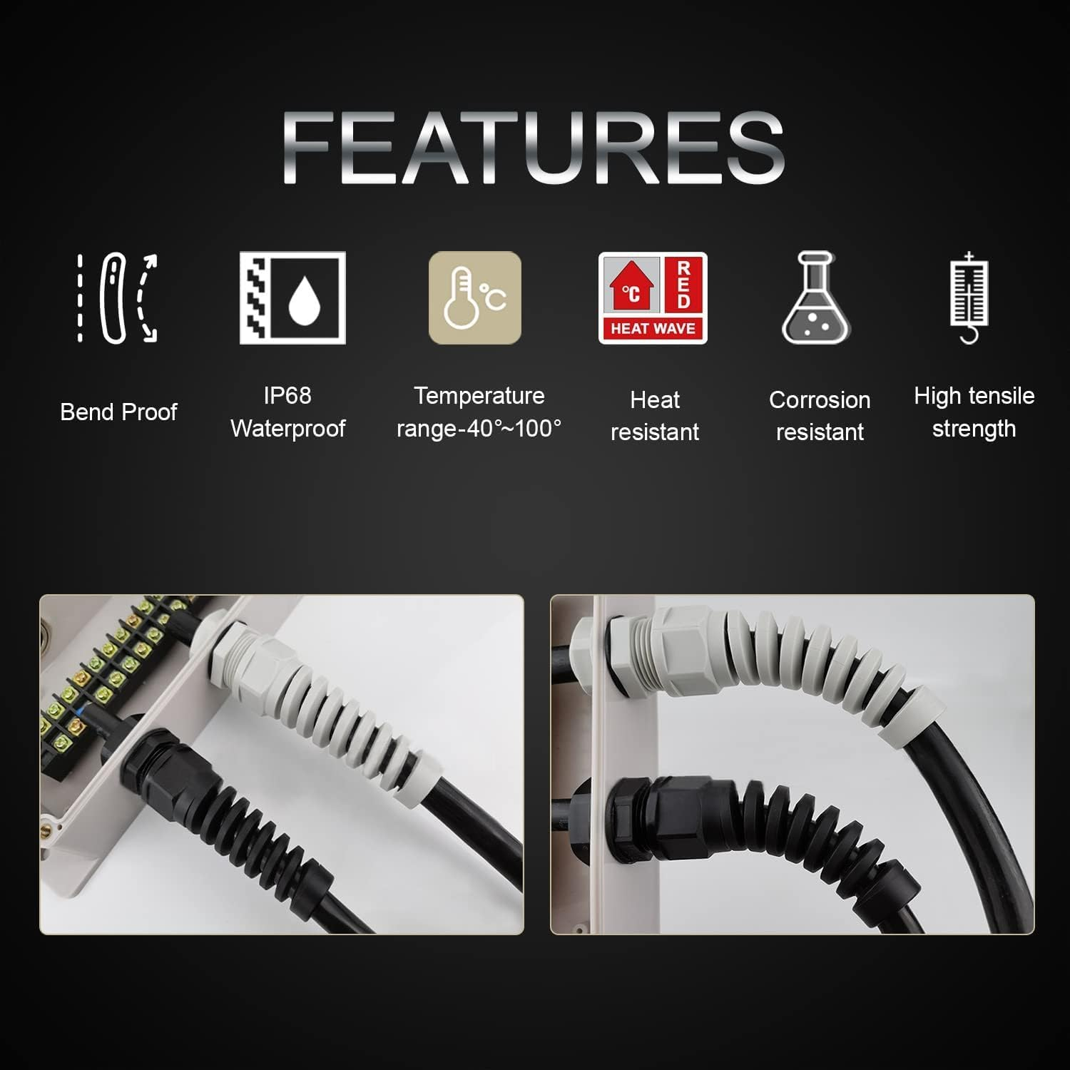 Walquicks 12 Pcs Black PG7 IP68 Cable Gland 3-6.5Mm Wire Hole Waterproof Nylon Joint with Adjustable Flex Spiral Locknut and Strain Relief for Cable Fixing image number 5