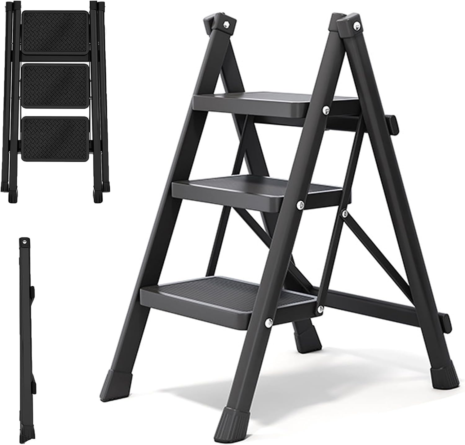 Foldable Black Step Ladder, 3 Step Stool with Wide Anti-Slip Pedal, Portable Sturdy Steel Ladder, 42 * 71 * 80Cm image number 6