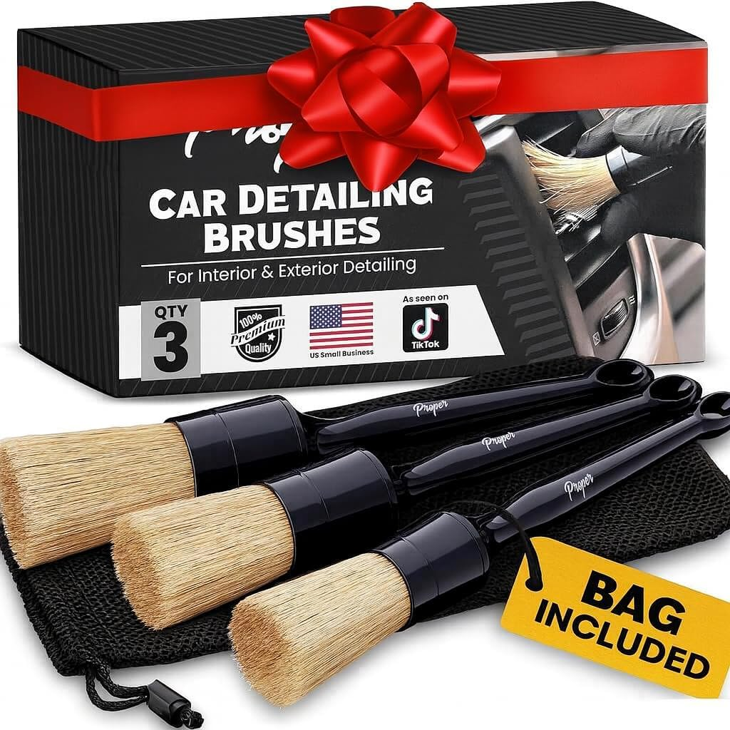 Proper Detailing CO. Car Detailing Brush Set, 3 Pack Natural Boars Hair Detailing Brushes, Clean Interior or Exterior, Wheels, Tires, Engine Bay, Leather Seats, Car Detailing Kit, Detailing Brush
