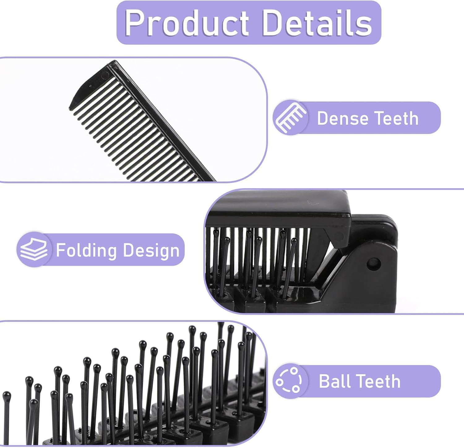 3Pcs Portable Foldable Brush Comb, Travel Hair Comb Mini Pocket Comb Double Headed Hair Brush Plastic Folding Comb Massage Head Brush for Men Women (Black) image number 1