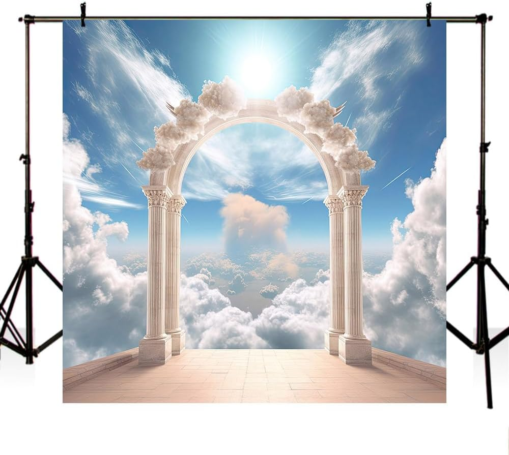 MEHOFOND Door to Sky Backdrop Photography White Door Clouds Blue Sky Backdrop Adult Child Portrait Christening Funeral Memorial Day Church Decoration Banner image number 2