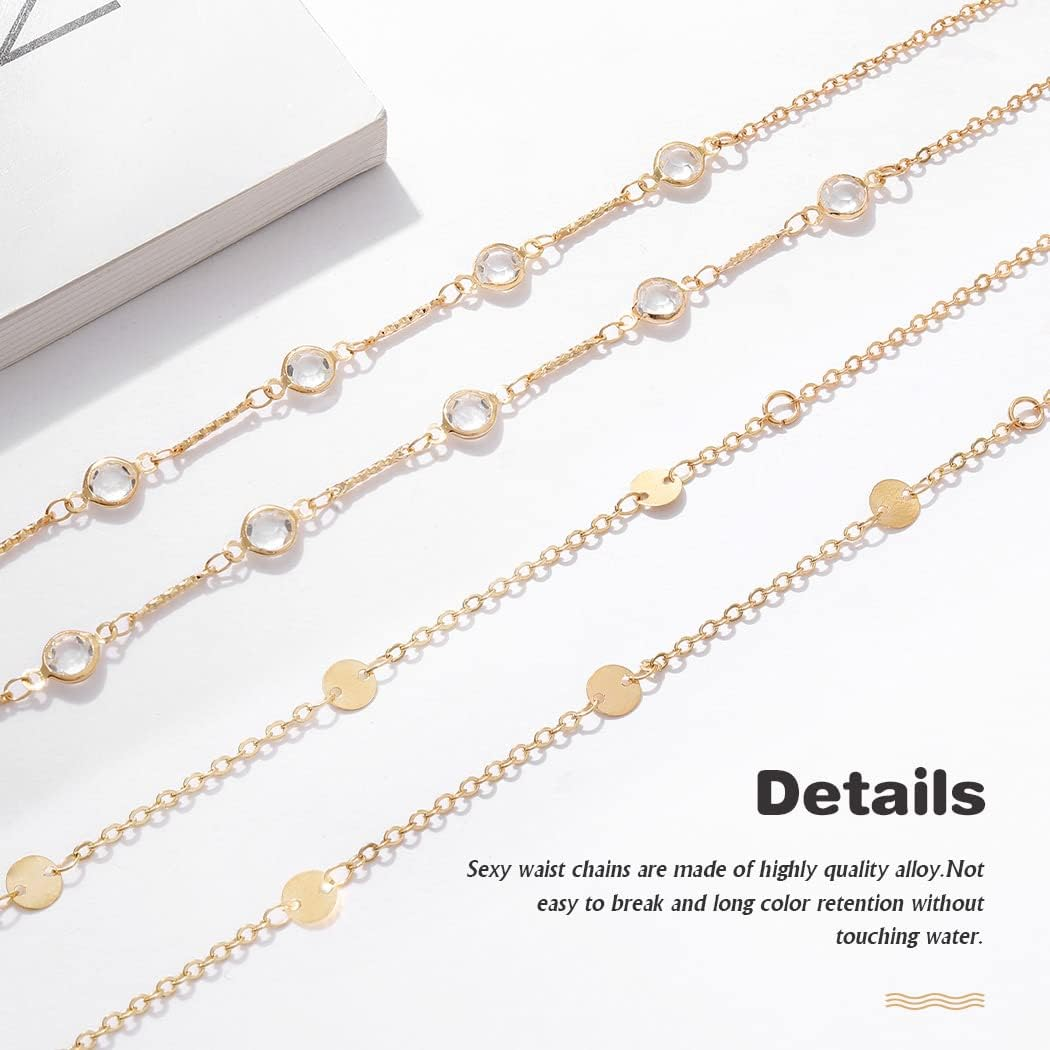 Boho Layered Rhinestone Belly Chain Gold Beads Belly Waist Chains Sequins Belt Body Chain Jewelry for Women and Girls image number 4