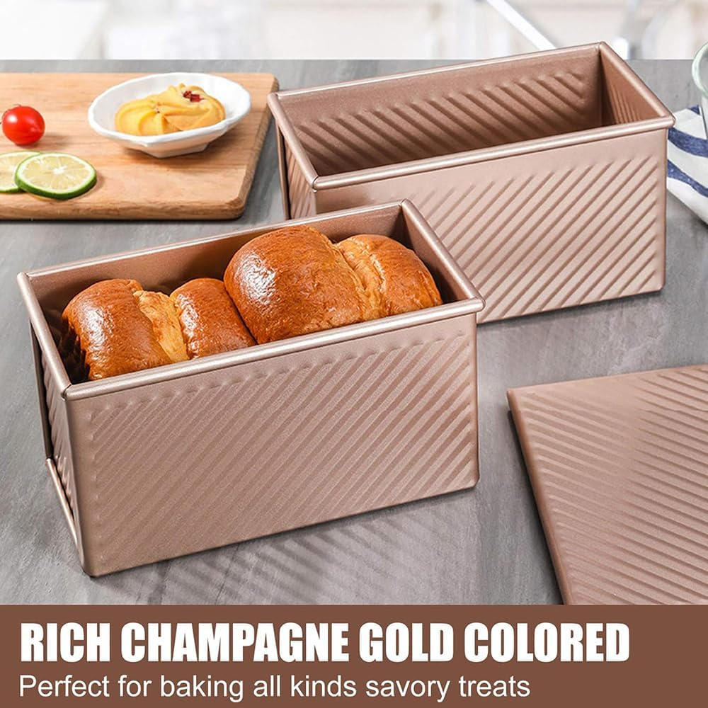 TOMVAES Bread Baking Moulds with Lid, Golden Loaf Tin with Non-Stick Coating, Steel Toast Bread Baking Mould for Bread, Pastry, Cake 450G