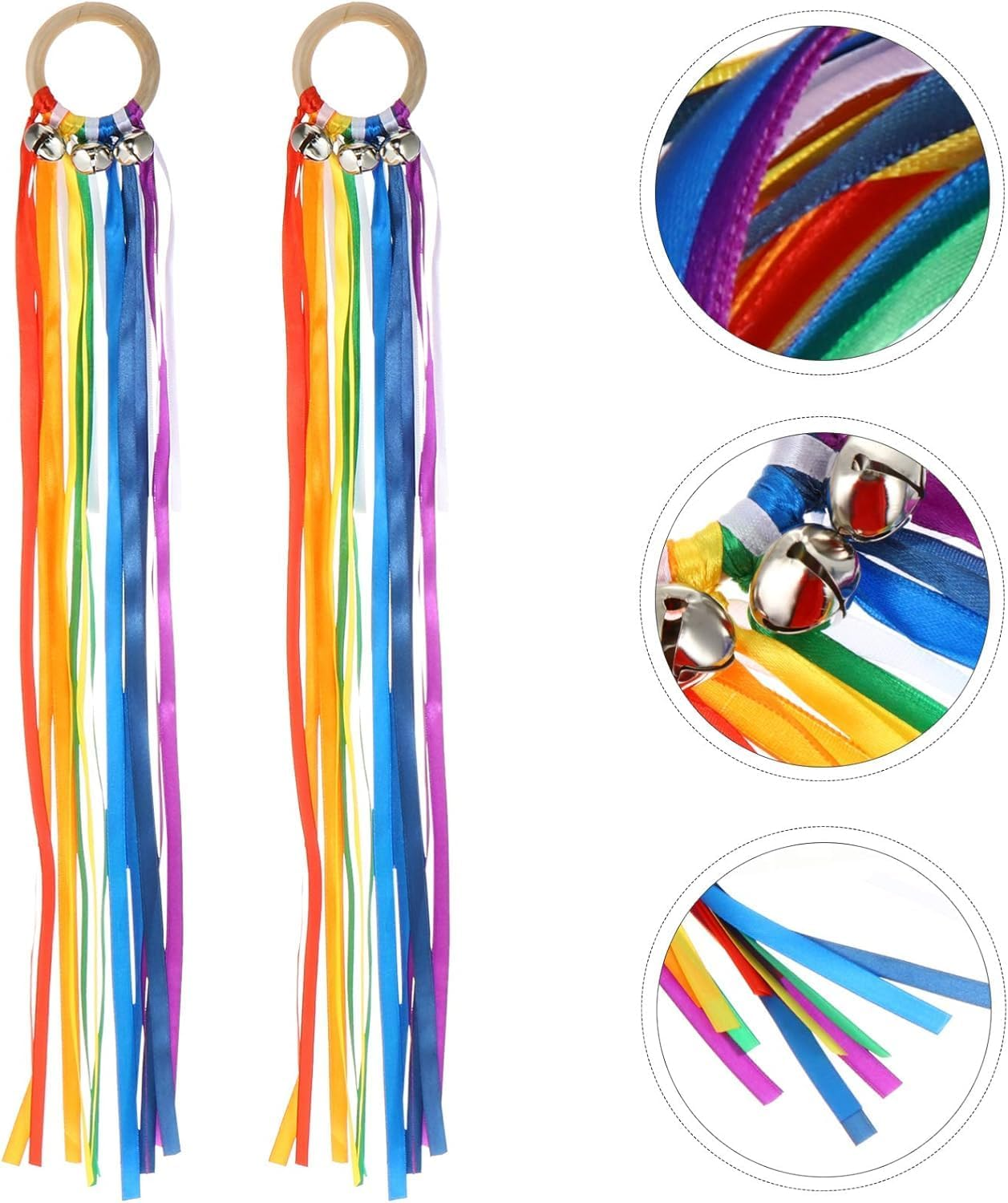 Wabmipe 2Pcs Bell Bracelet Rainbow Hand Ribbon Kite Toys, Ribbon Dancer Wand, Hand Kite Ribbon Runner, Ribbon Streamers Toy, Colourful Newborn Wooden Outdoor Toys image number 1